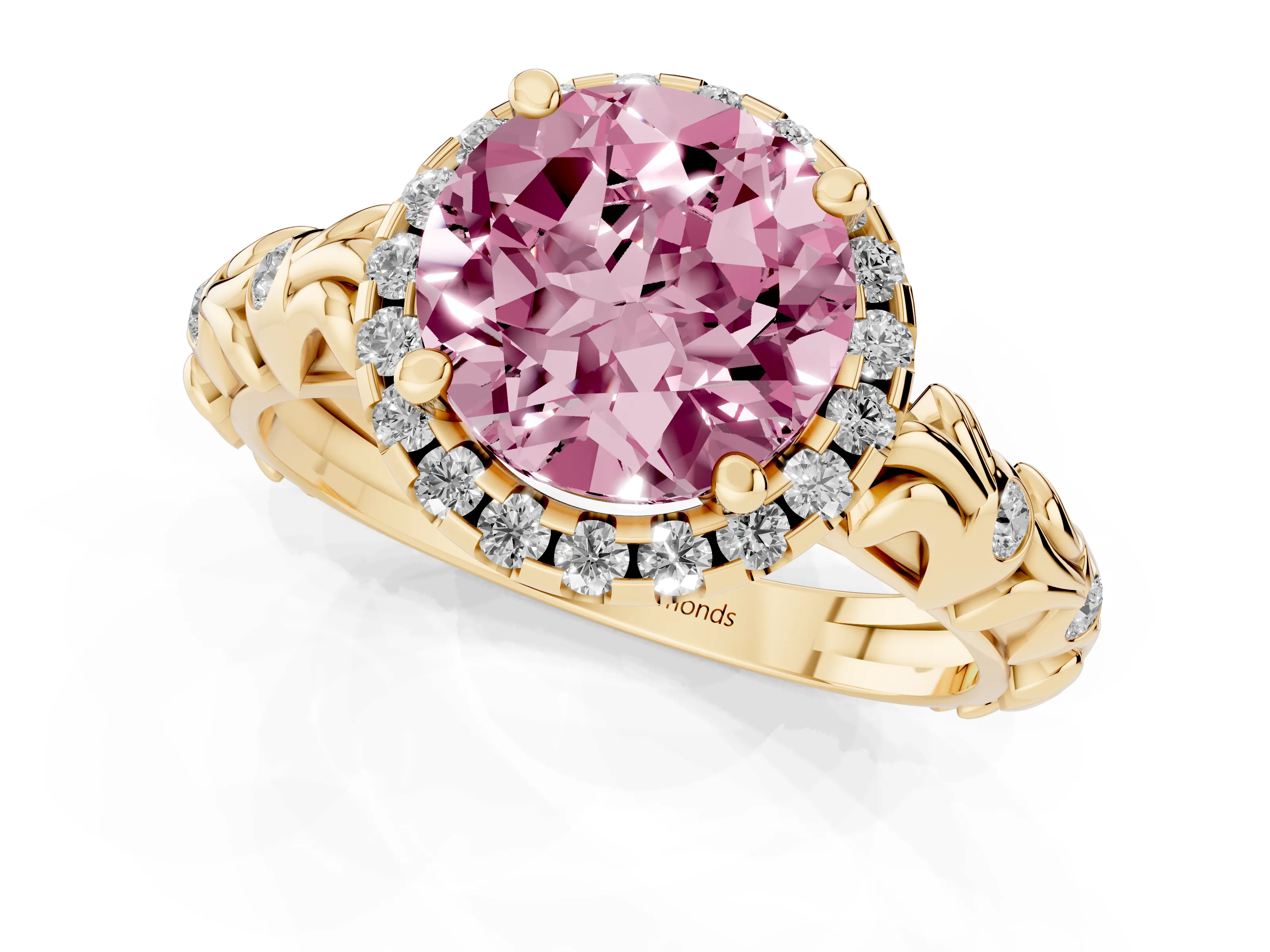 Fancy Pink Round Cut Diamond Halo Ring Set in Yellow gold with Filigree Leaf Band and Prong Setting