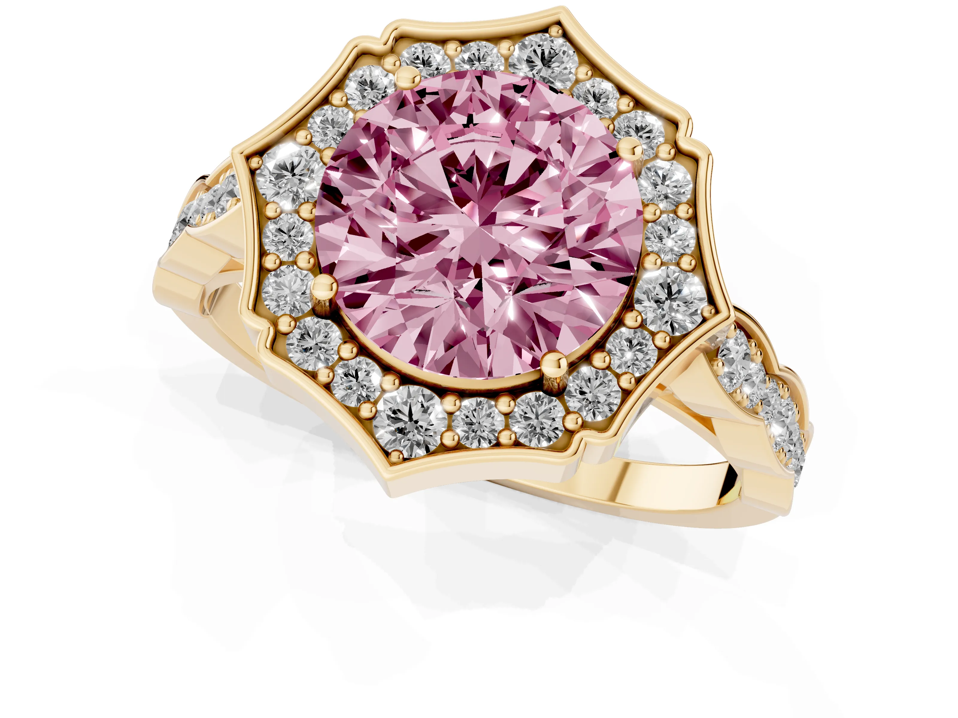 Fancy Pink Round Cut Diamond Halo Engagement Ring Set in Yellow gold with Milgrain Band and Prong Setting