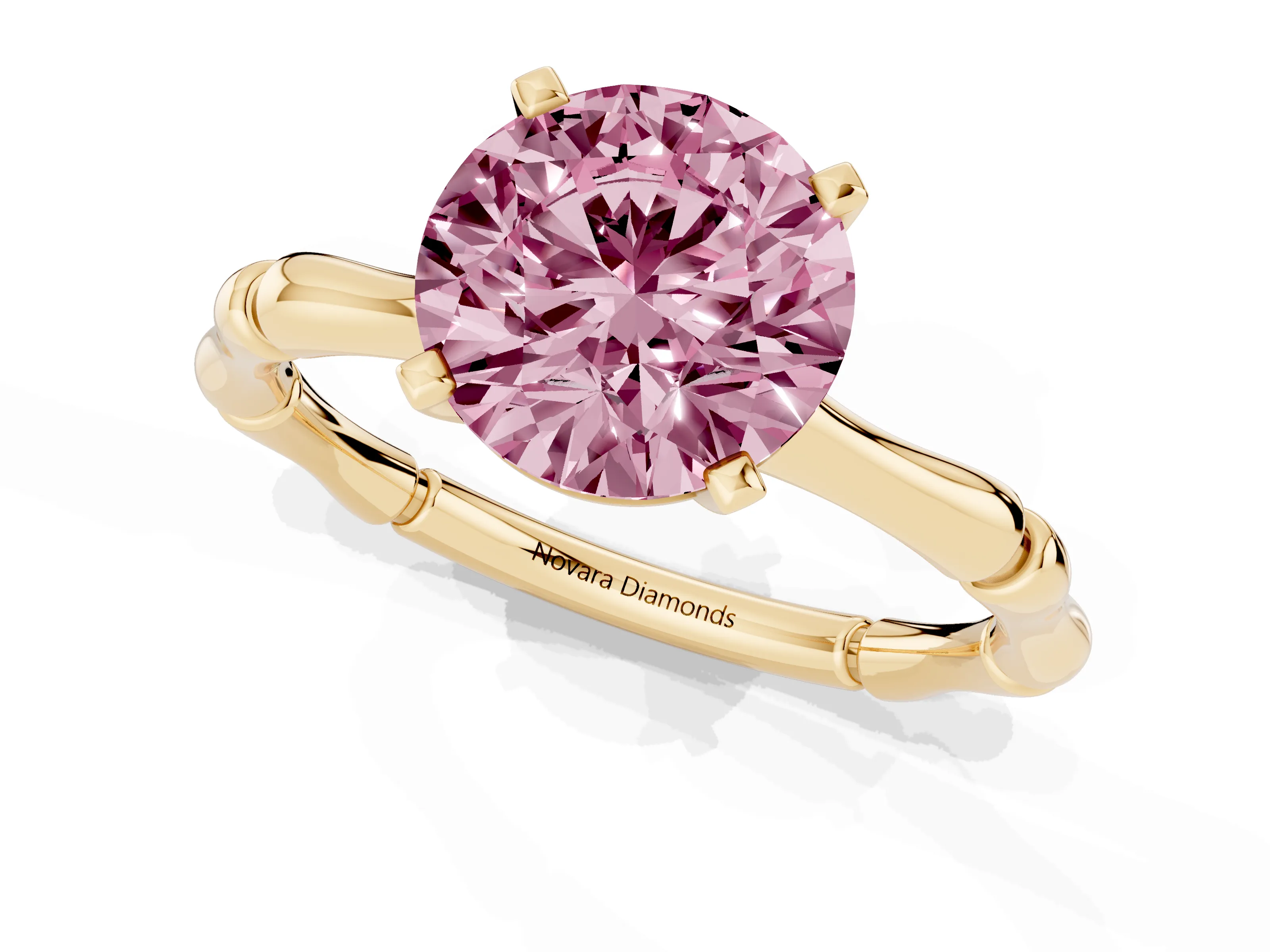 Fancy Pink Round Cut Diamond Solitaire Ring Set in Yellow gold with Bamboo Band and Prong Setting