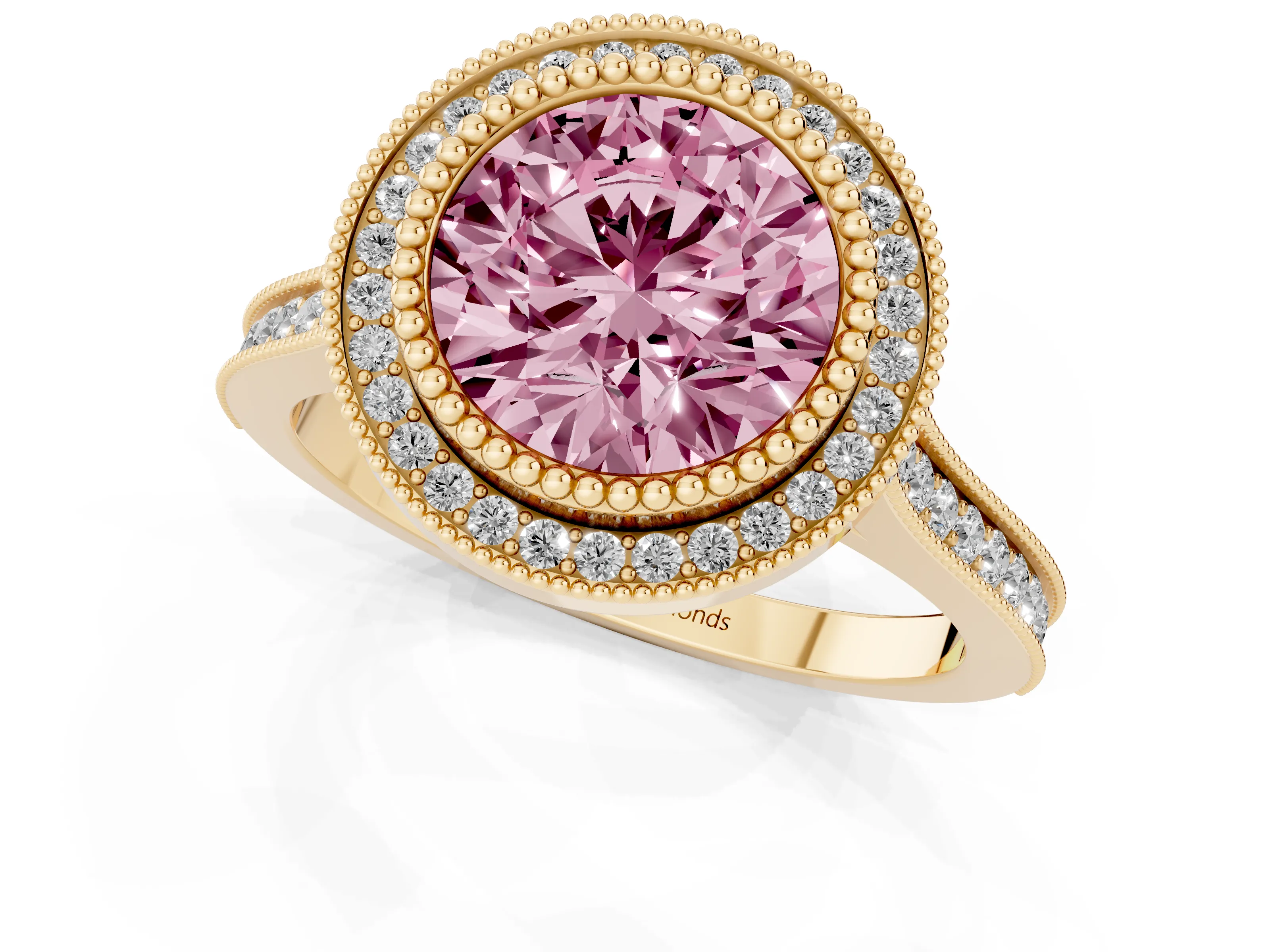 Fancy Pink Round Cut Diamond Halo Ring Set in Yellow gold with Milgrain Frame and Pavé Band