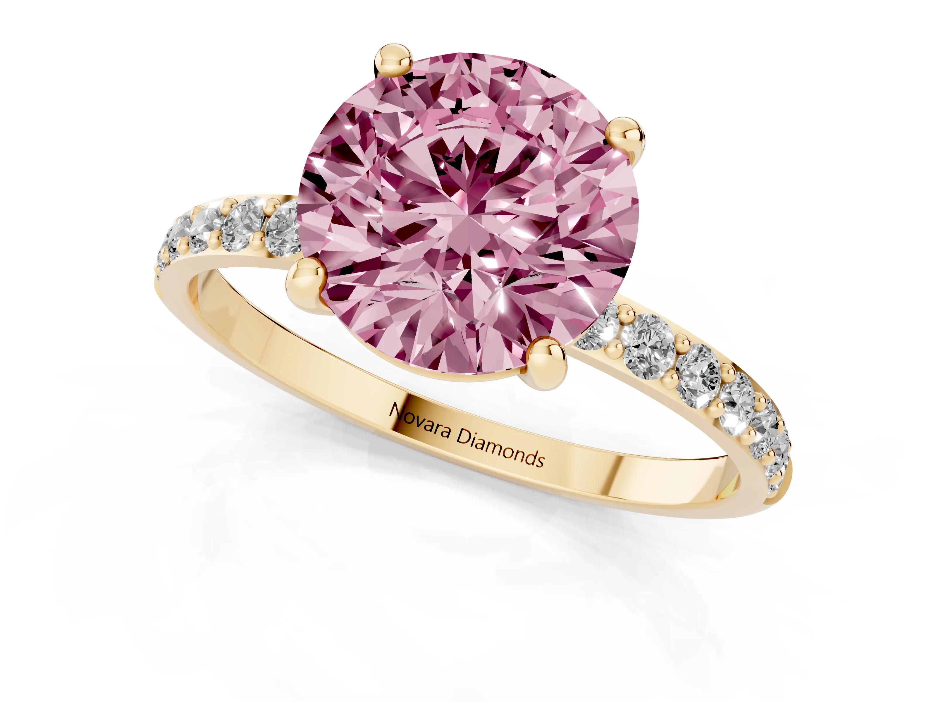 Fancy Pink Round Cut Diamond Solitaire Ring Set in Yellow gold with Round Pavé Band and Prong Setting