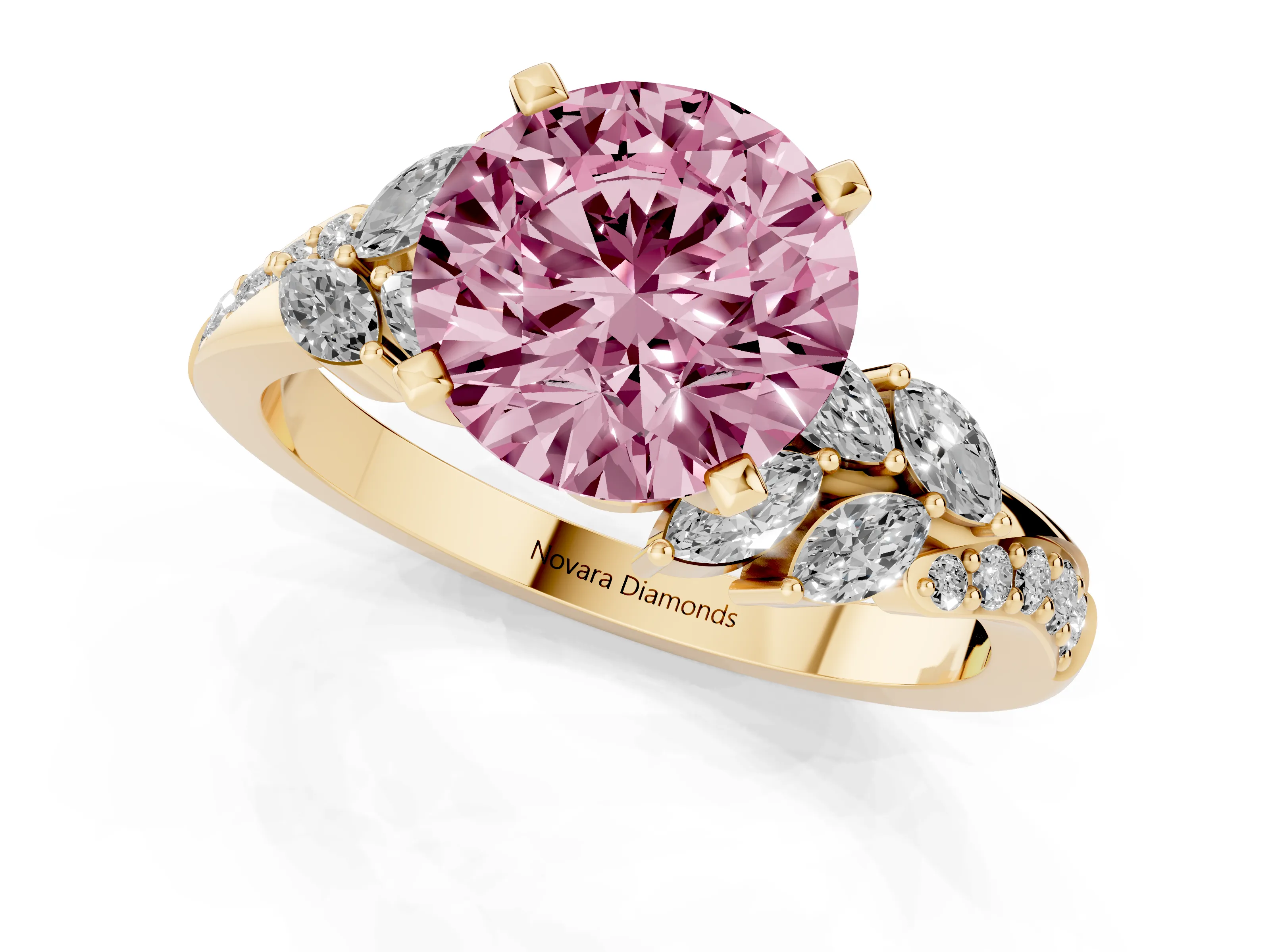Fancy Pink Round Cut Diamond Solitaire Ring Set in Yellow gold with Marquise Twist Band and Prong Setting