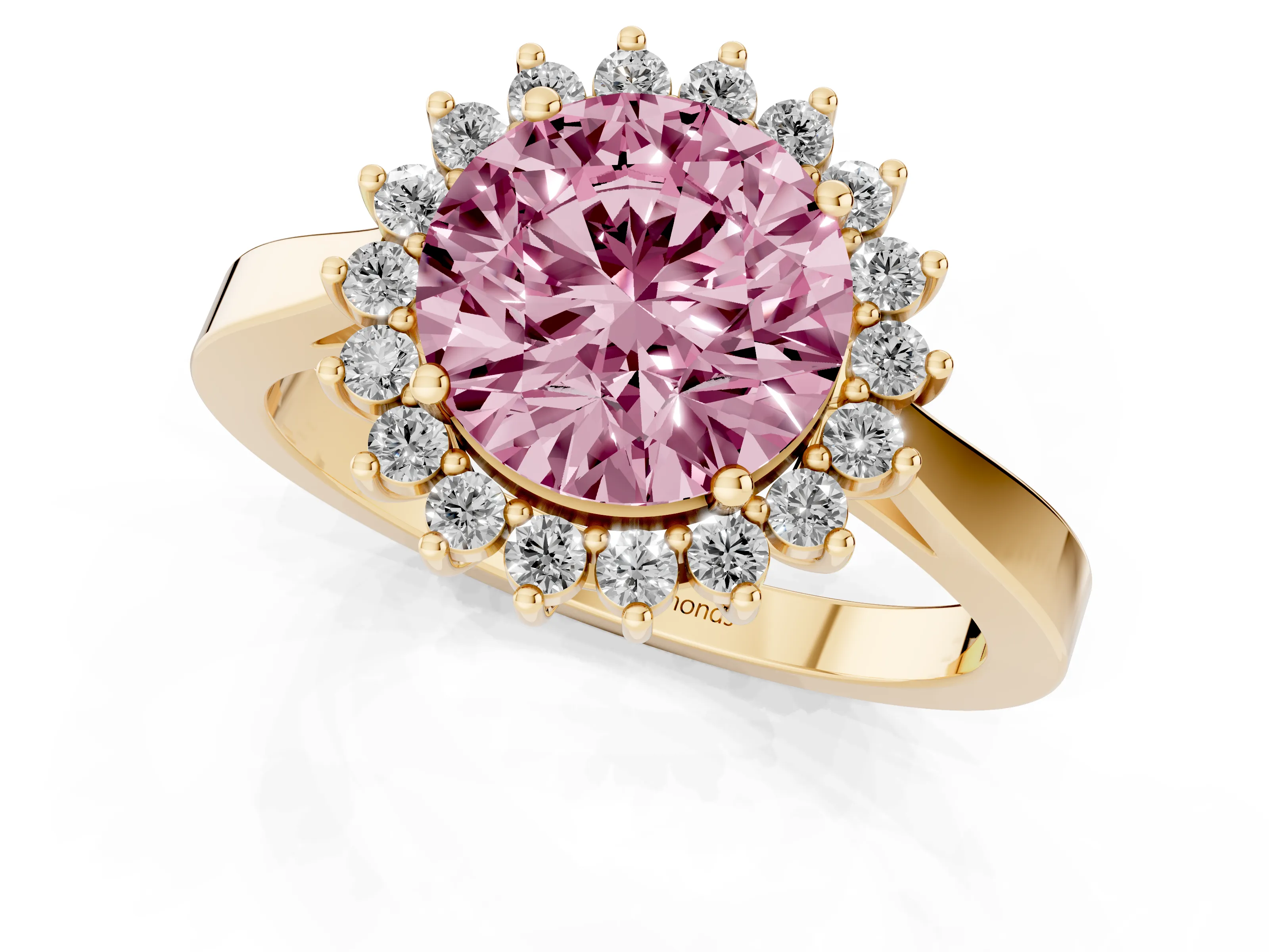 Fancy Pink Round Cut Diamond Halo Ring Set in Yellow gold with Round Halo and Smooth Solitaire Band