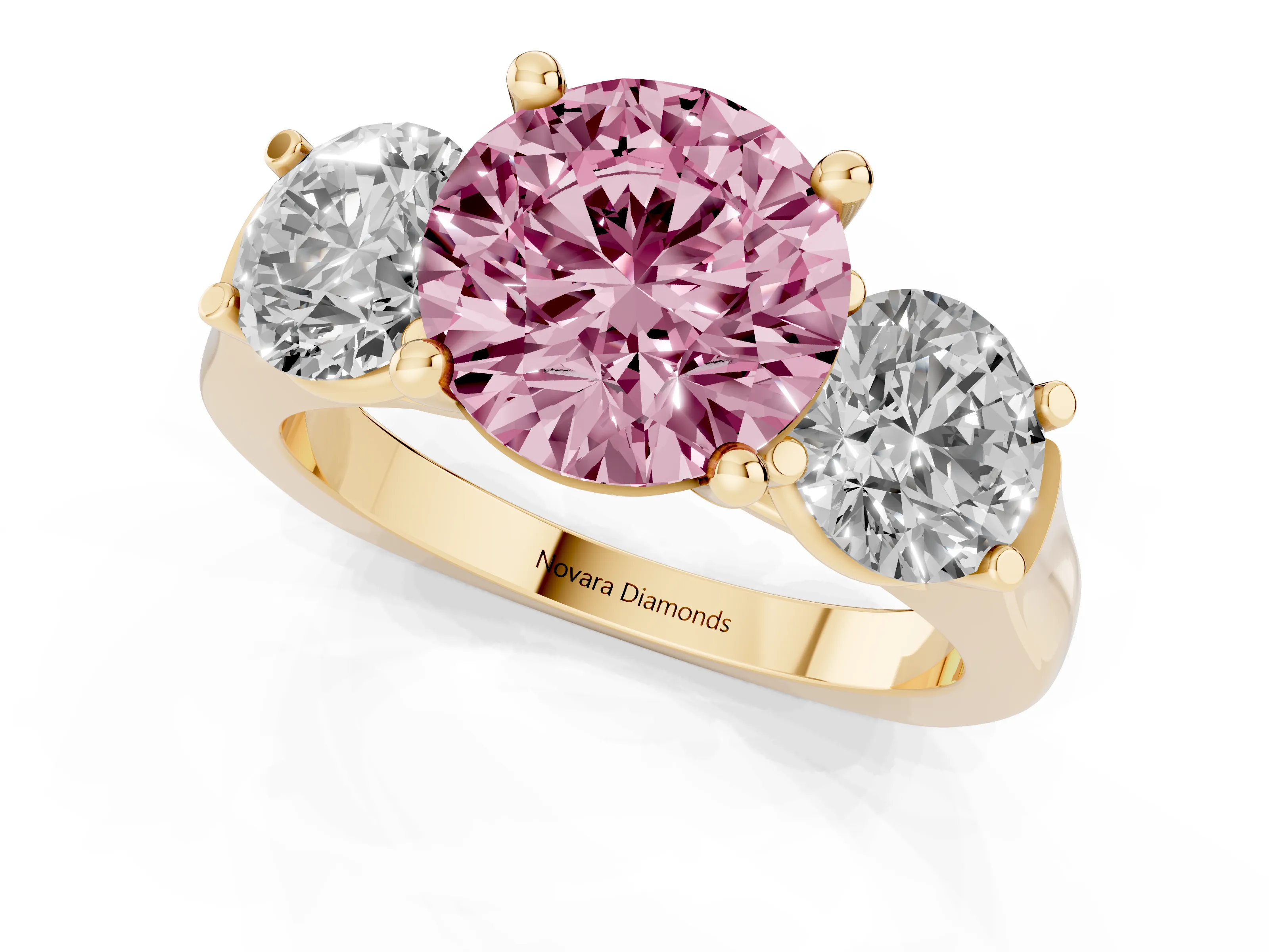 Fancy Pink Round Cut Diamond Three-Stone Trellis Ring Set in Yellow gold with Comfort Fit Band