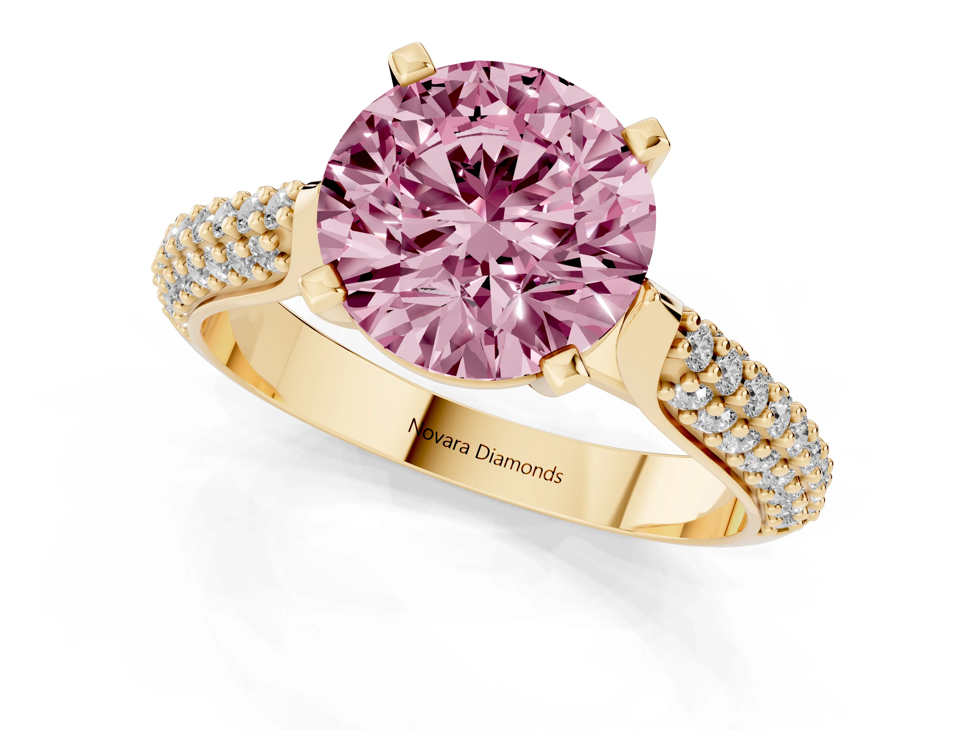 Fancy Pink Round Cut Diamond Solitaire Engagement Ring Set in Yellow gold with Multi-Row Round Pavé Band and Prong Setting
