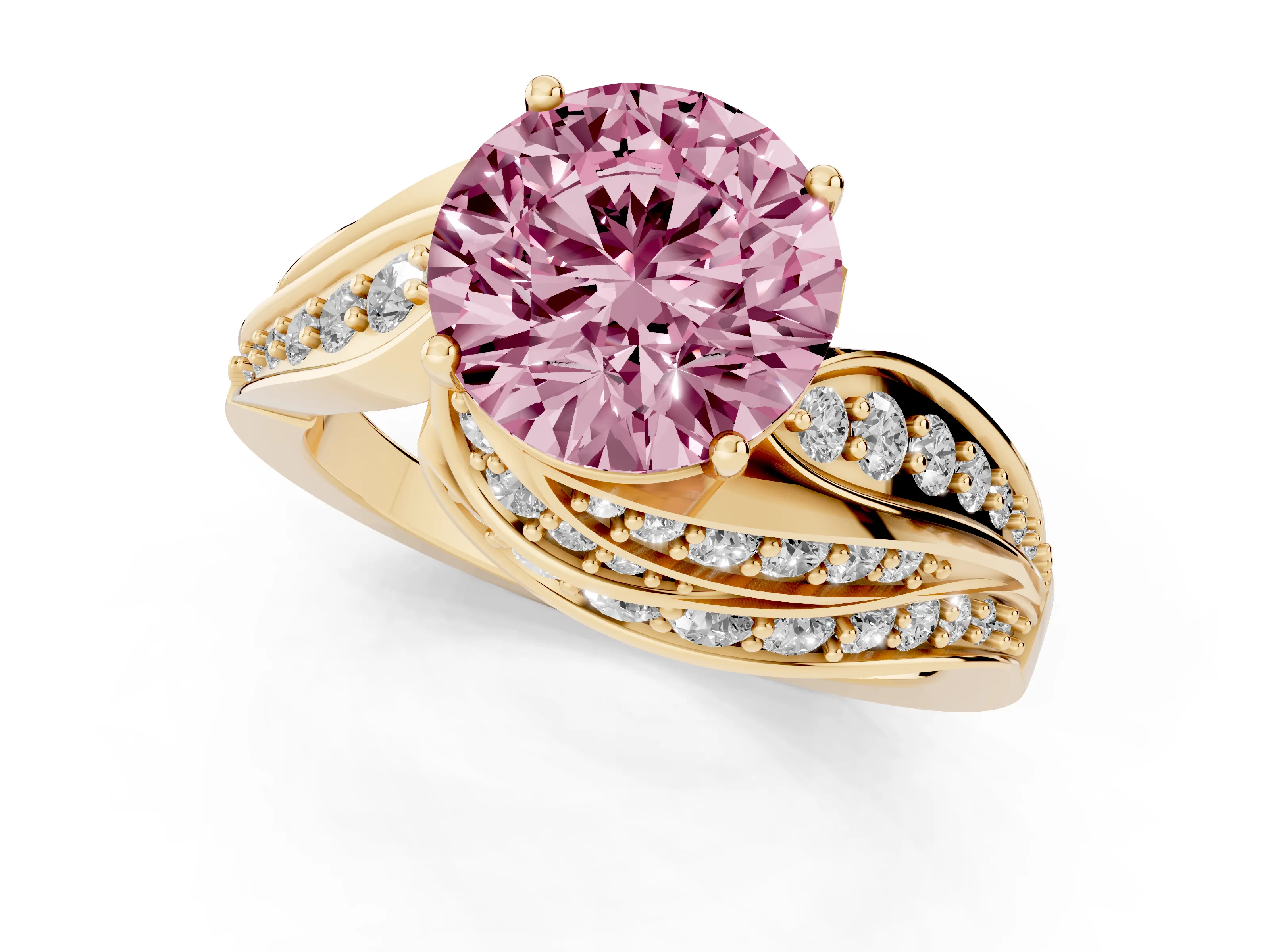 Fancy Pink Round Cut Diamond Solitaire Ring Set in Yellow gold with Layered Twist Pavé Band
