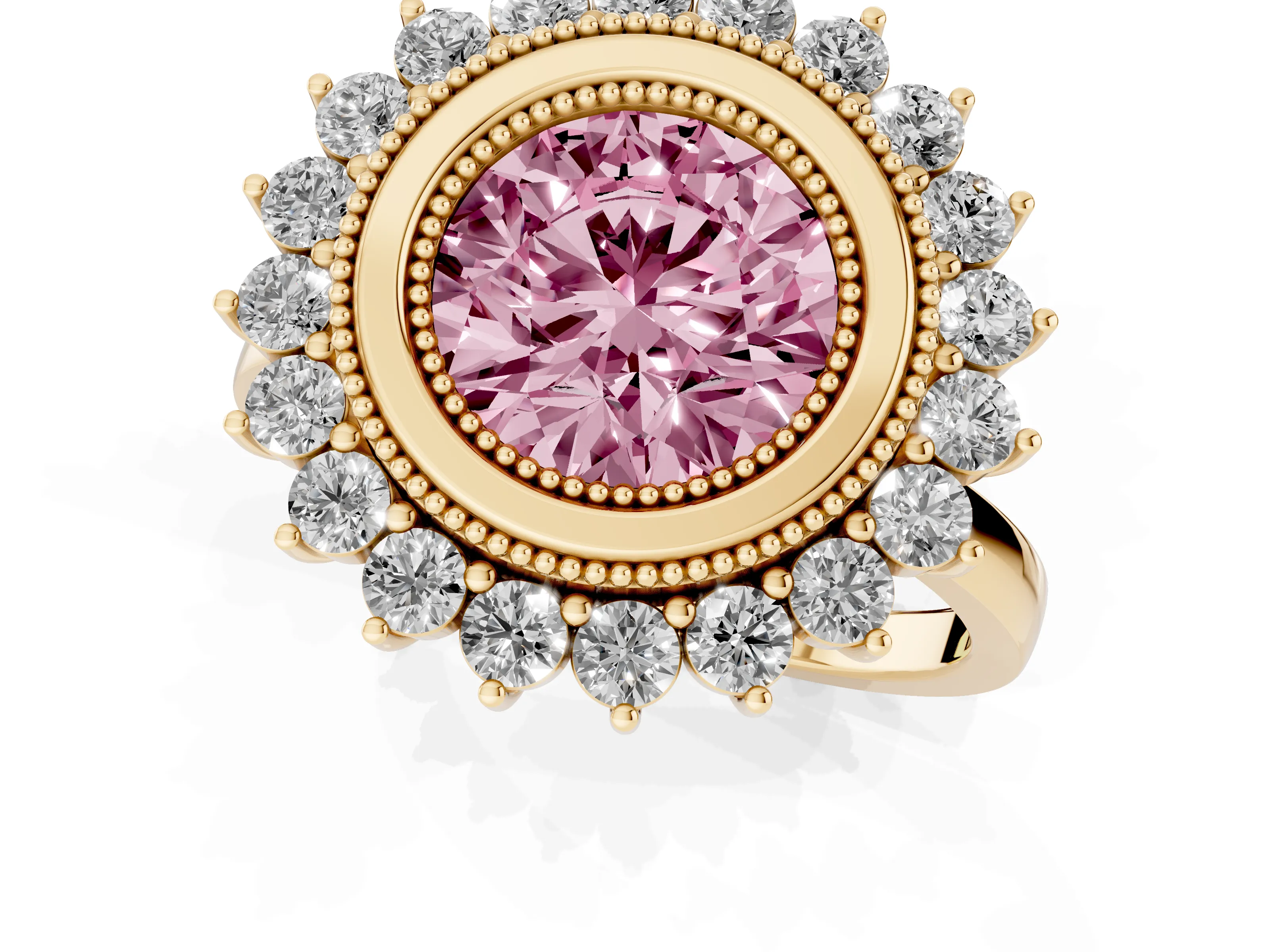 Fancy Pink Round Cut Diamond Halo Ring Set in Yellow gold with Milgrain Edge and Round Prong Setting