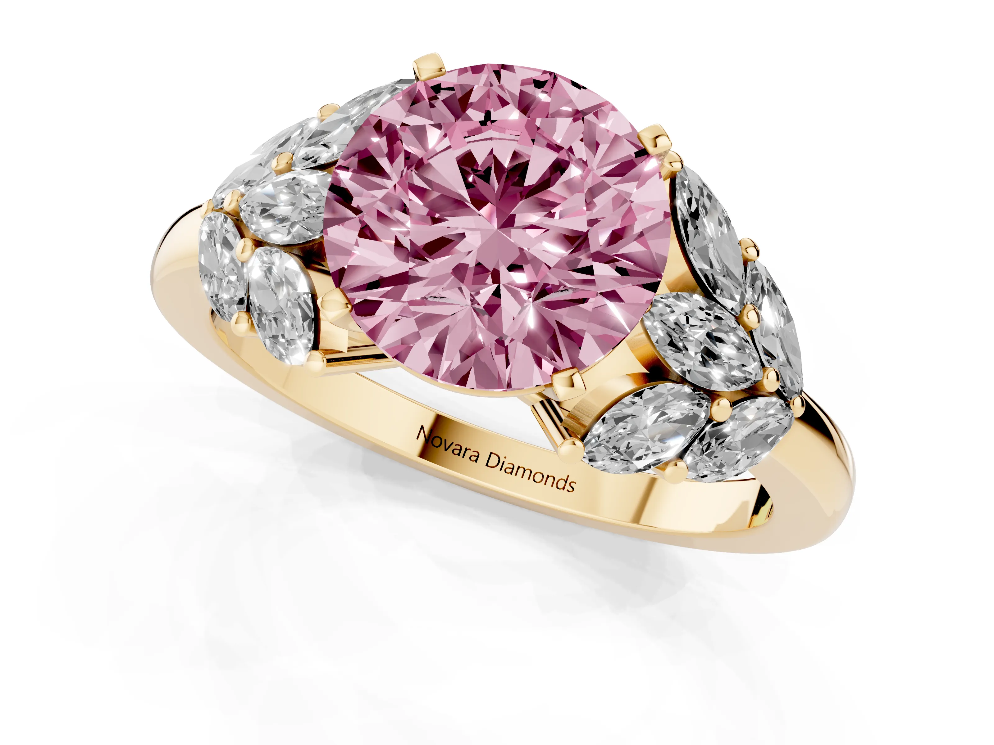 Fancy Pink Round Cut Diamond Cluster Leaf Design Ring Set in Yellow gold with Prong Setting