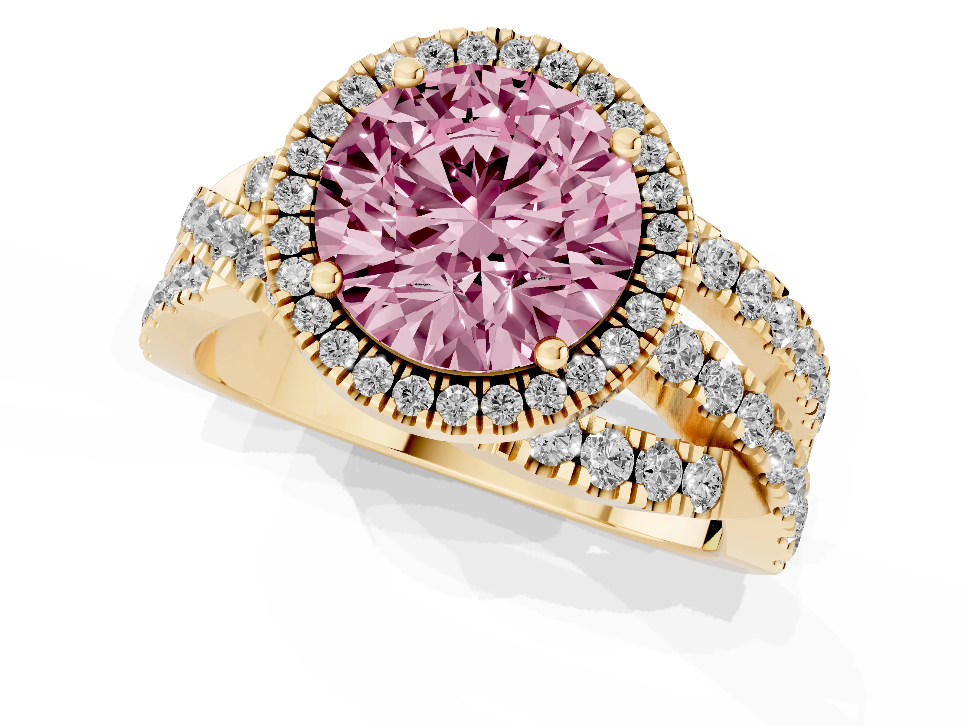 Fancy Pink Round Cut Diamond Halo Ring Set in Yellow gold with Round Crossover Split Shank and Prong Setting