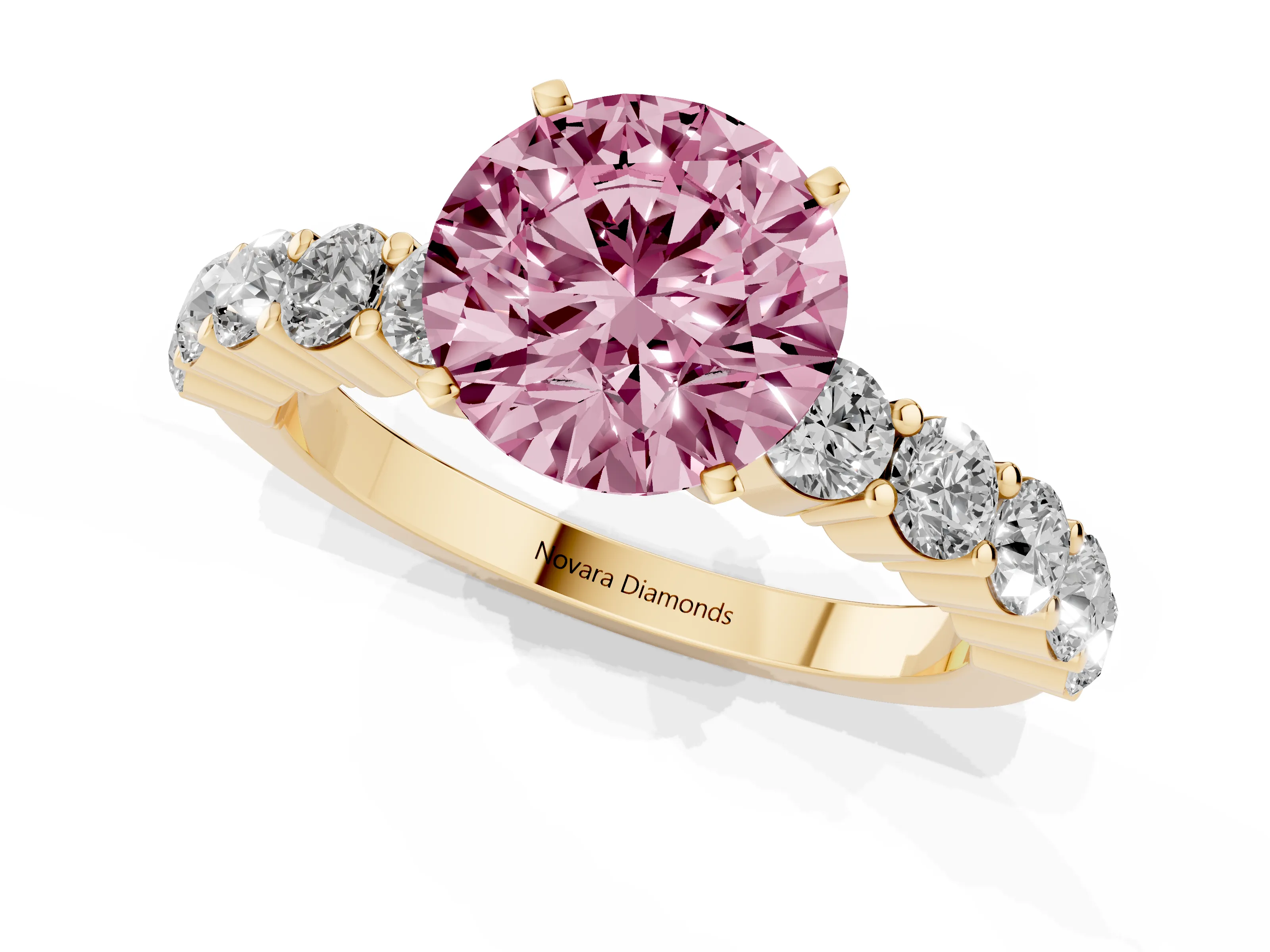 Fancy Pink Round Cut Diamond Solitaire Ring Set in Yellow gold with Shared Prong Round Side Stones