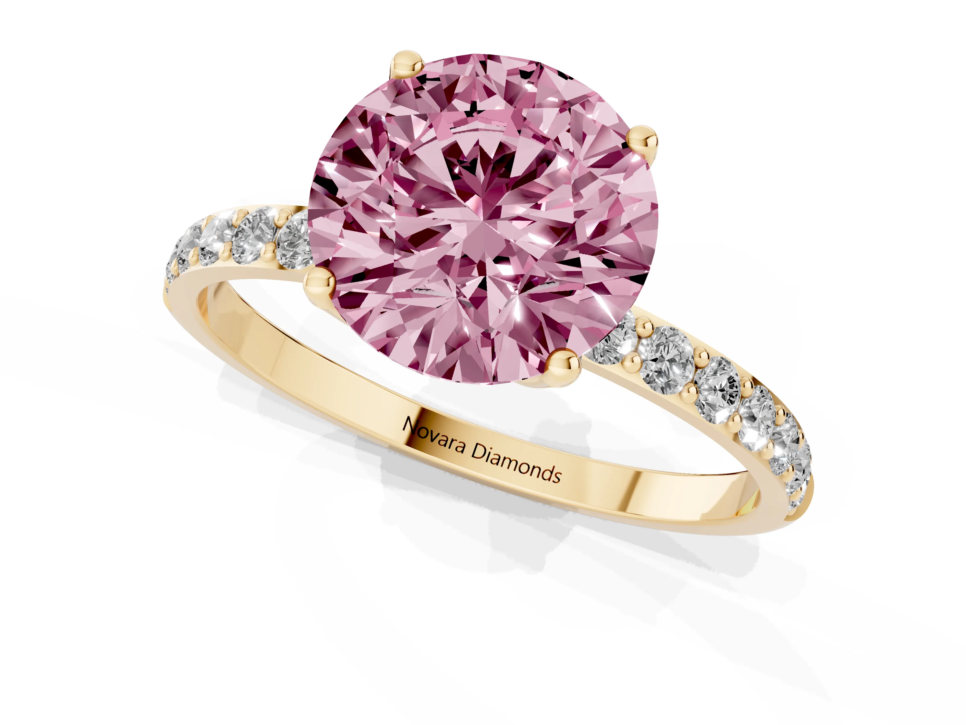 Fancy Pink Round Cut Diamond Solitaire Engagement Ring Set in Yellow gold with Round Pavé Band and Prong Setting