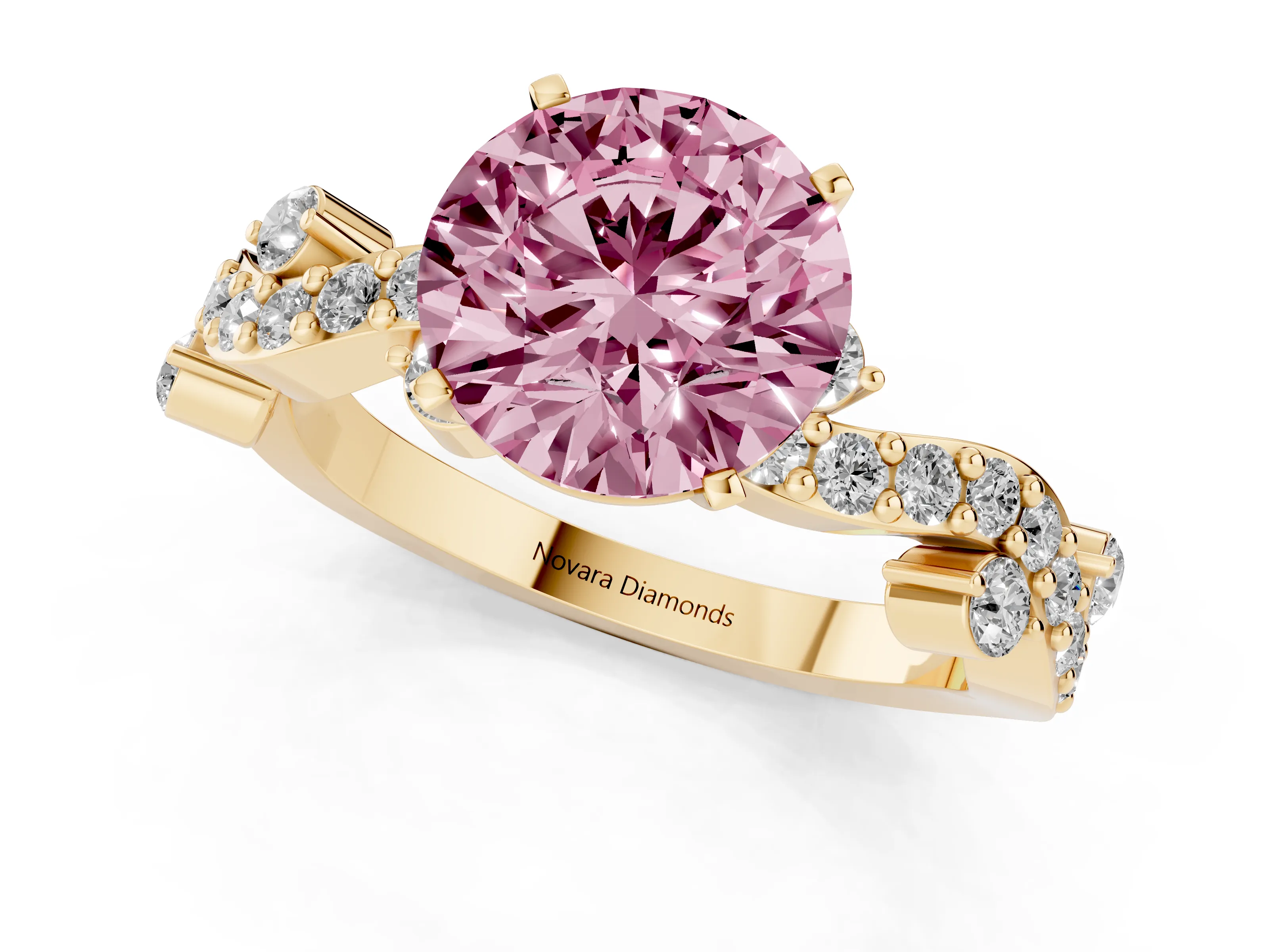 Fancy Pink Round Cut Diamond Solitaire Twisted Band Set in Yellow gold with Pavé Setting