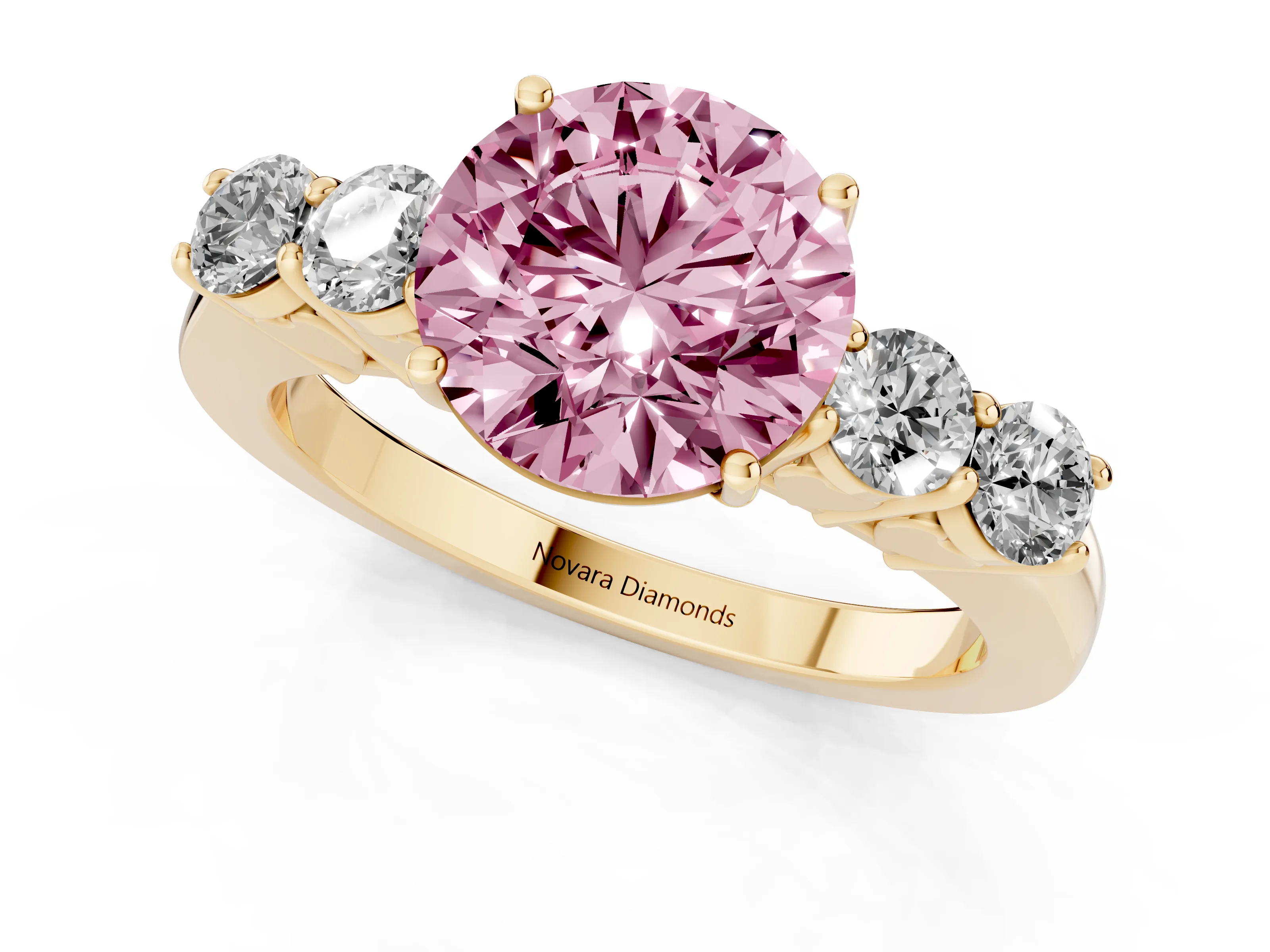 Fancy Pink Round Cut Diamond Five-Stone Prong Set Band Ring Set in Yellow gold with Polished Band