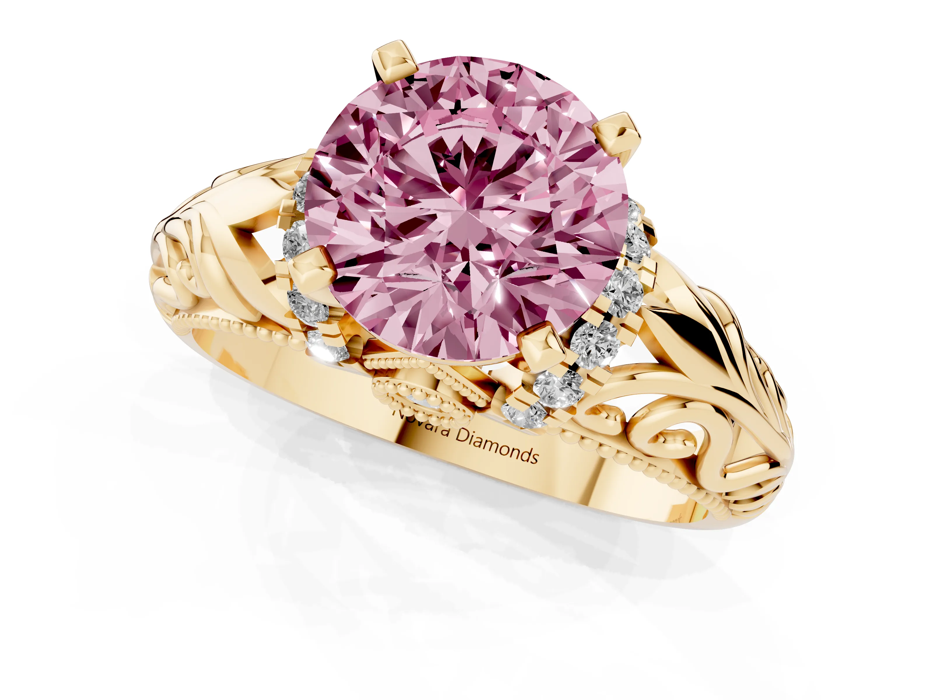 Fancy Pink Round Cut Diamond Filigree Halo Engagement Ring Set in Yellow gold with Prong Setting