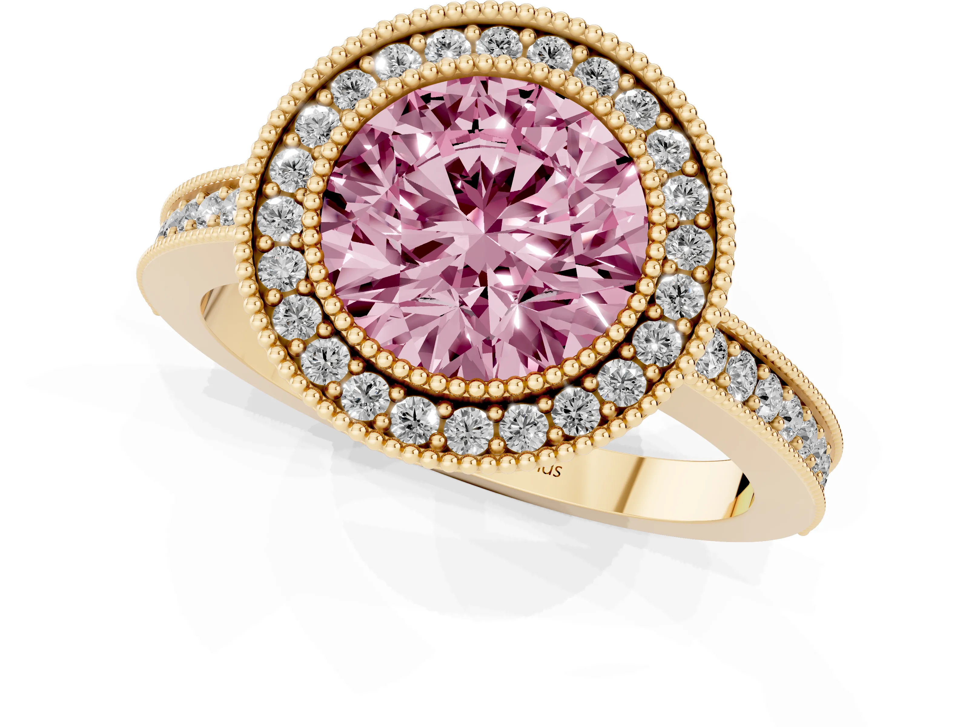 Fancy Pink Round Cut Diamond Round Halo Ring Set in Yellow gold with Pavé Band