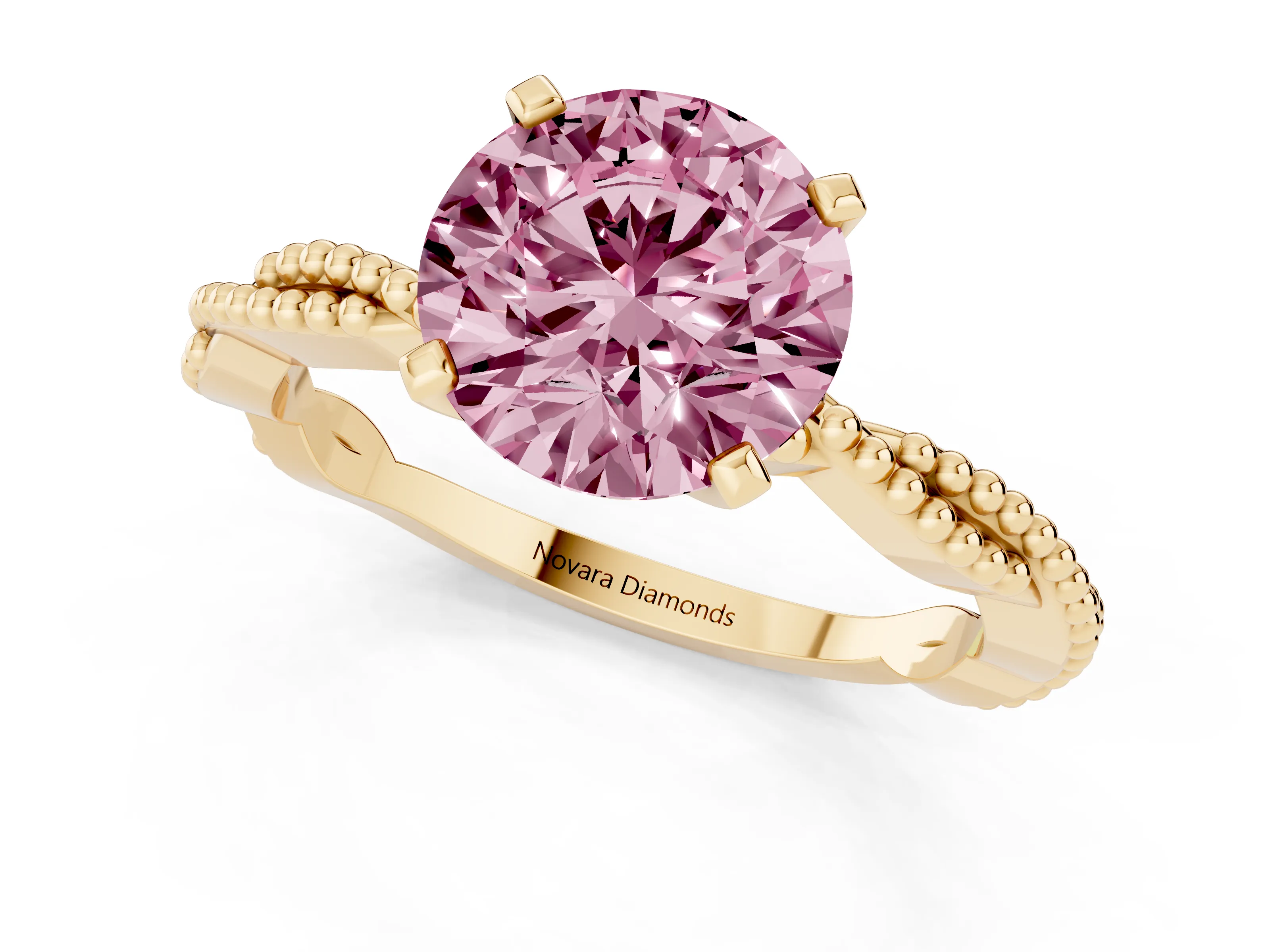 Fancy Pink Round Cut Diamond Solitaire Ring Set in Yellow gold with Twisted Band and Bead Prong Setting