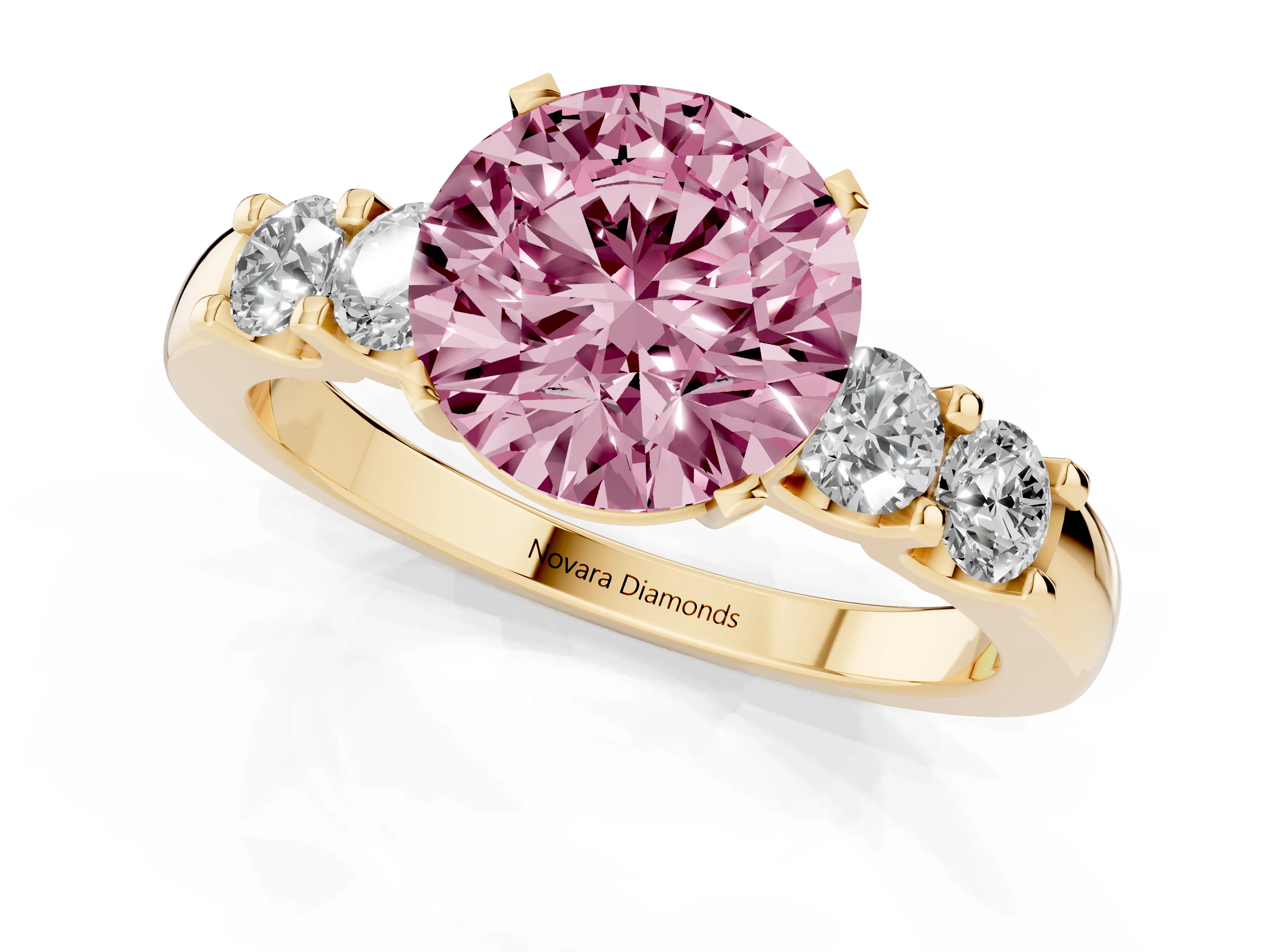 Fancy Pink Round Cut Diamond Five-Stone Prong Set Engagement Ring Set in Yellow gold with Channel Band