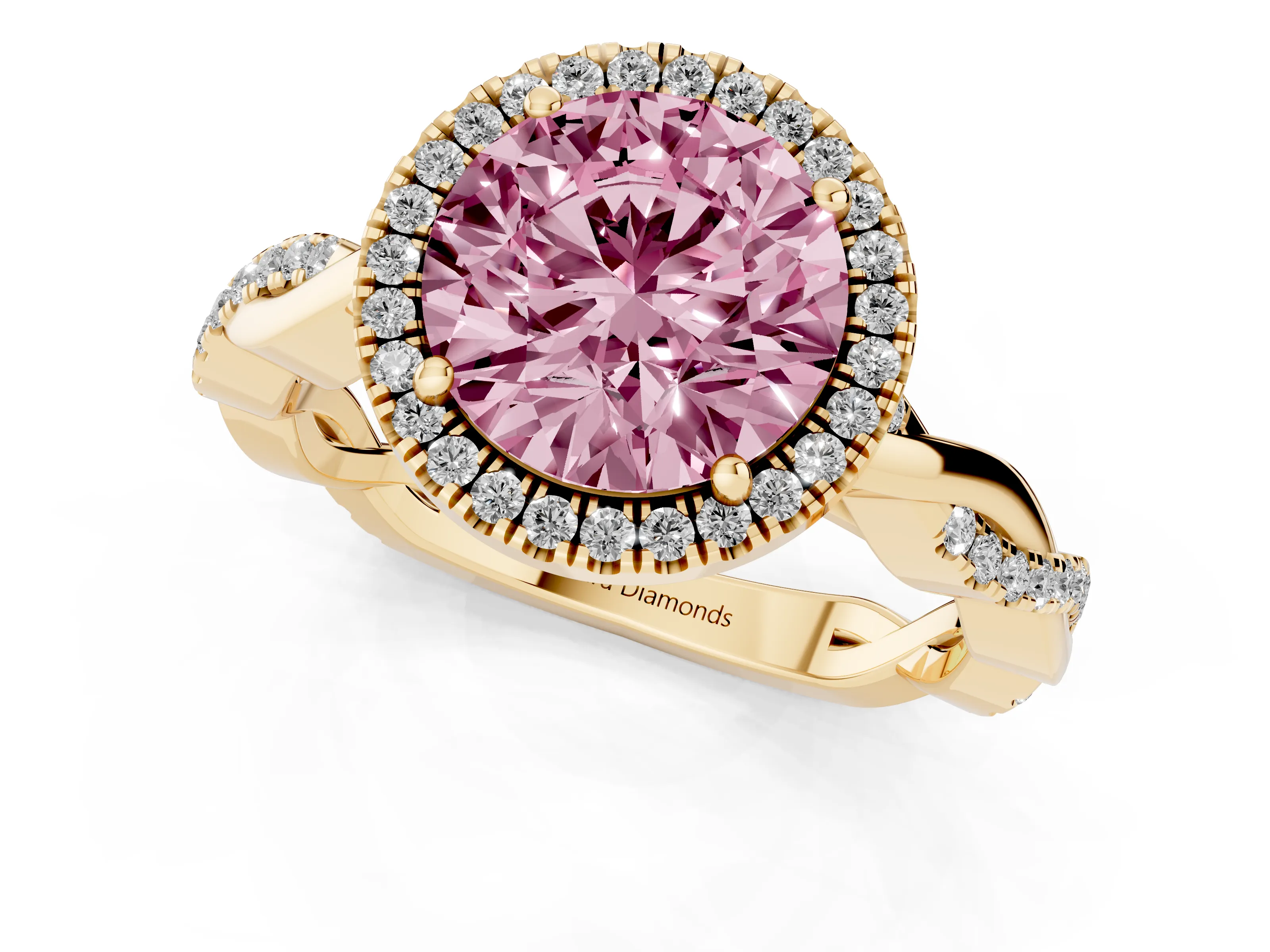 Fancy Pink Round Cut Diamond Halo Twisted Band Ring Set in Yellow gold with Prong Setting