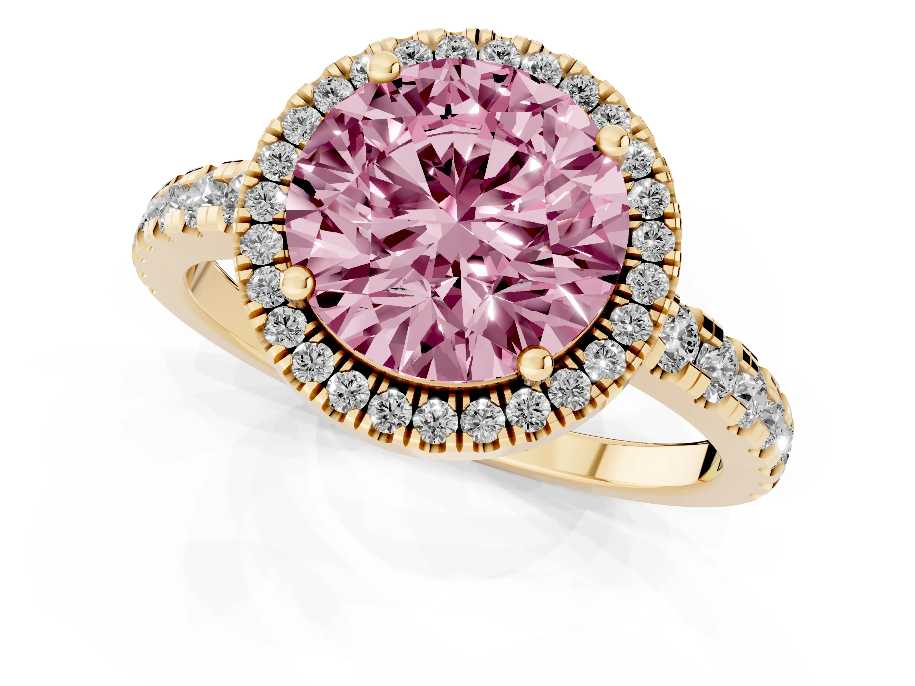 Fancy Pink Round Cut Diamond Halo Ring Set in Yellow gold with Delicate Pavé Band and Prong Setting