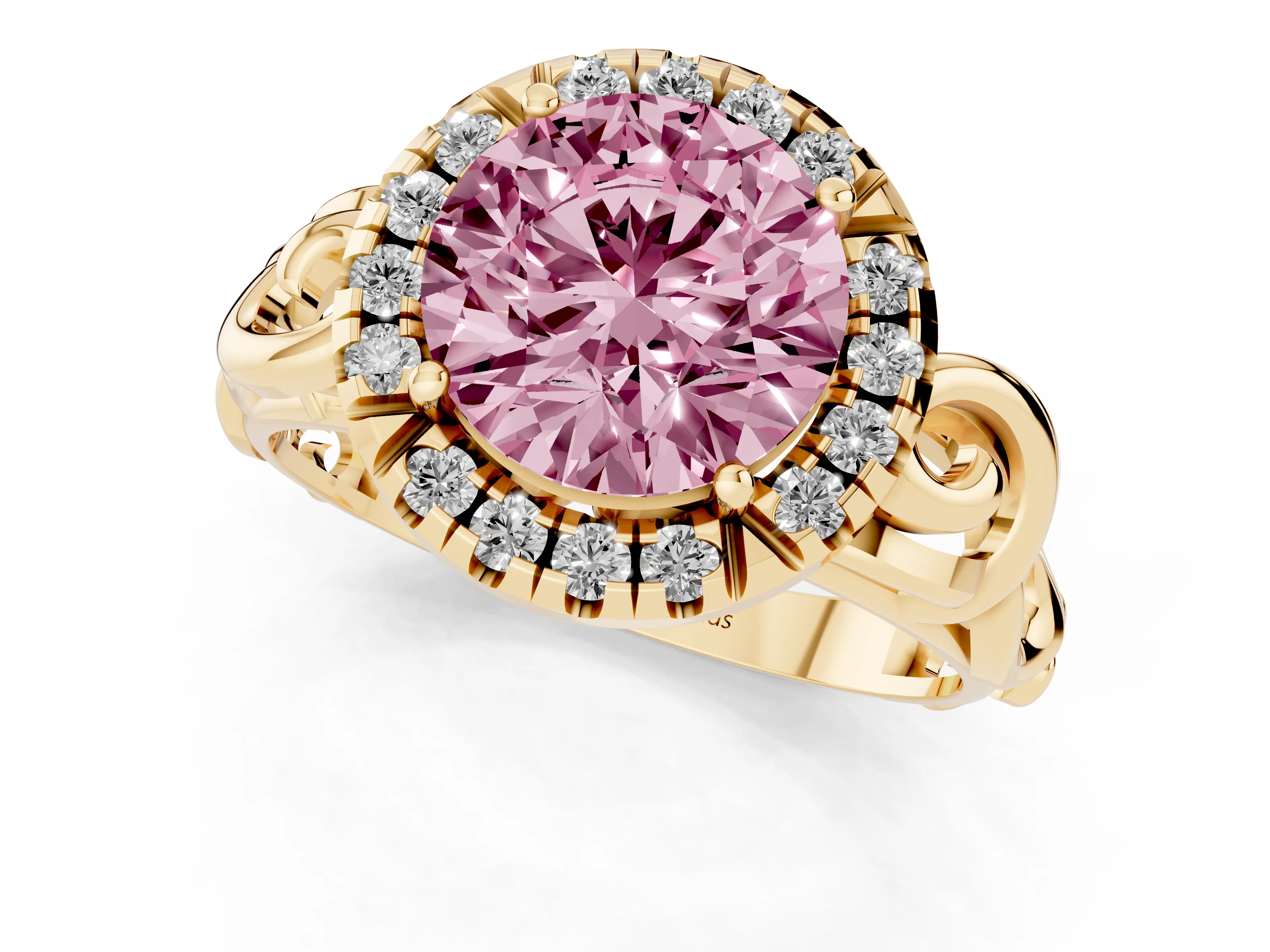 Fancy Pink Round Cut Diamond Halo Ring Set in Yellow gold with Scrollwork Band and Prong Setting