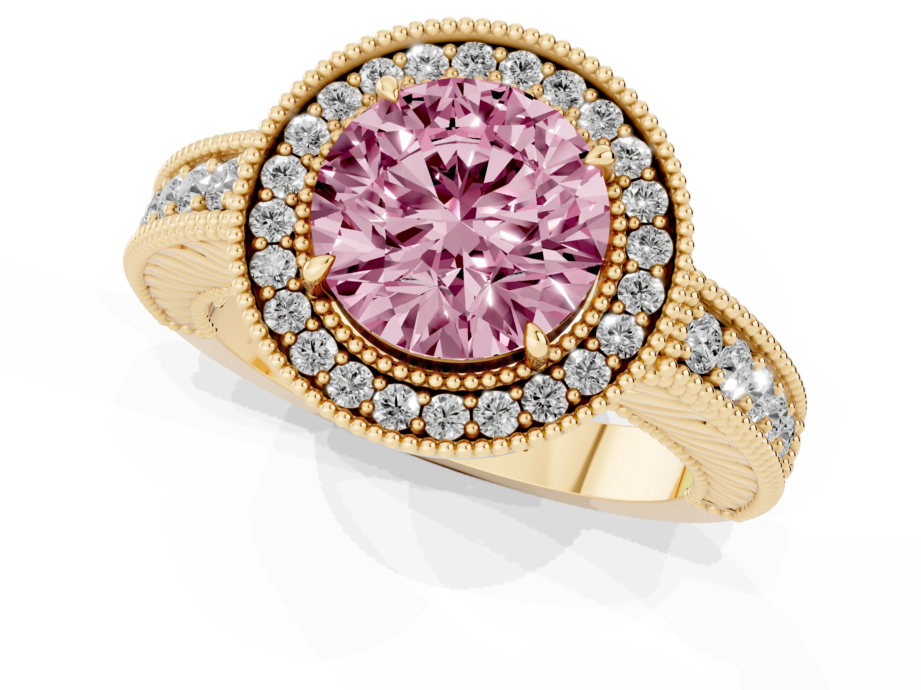 Fancy Pink Round Cut Diamond Halo Ring Set in Yellow gold with Round Accent Halo, Pavé Band and Prong Setting