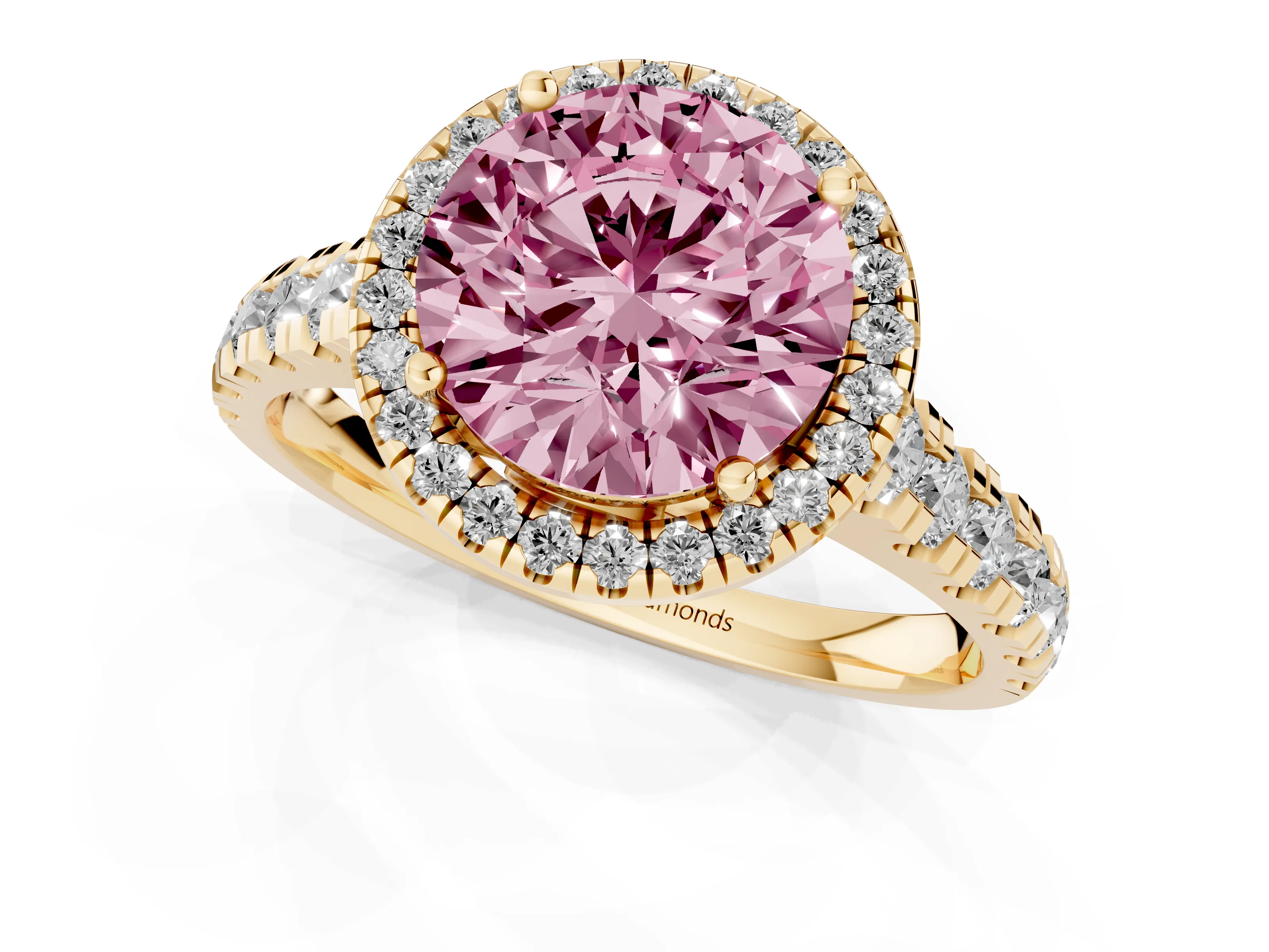 Fancy Pink Round Cut Diamond Halo Engagement Ring Set in Yellow gold with Pavé Band and Prong-Set Center