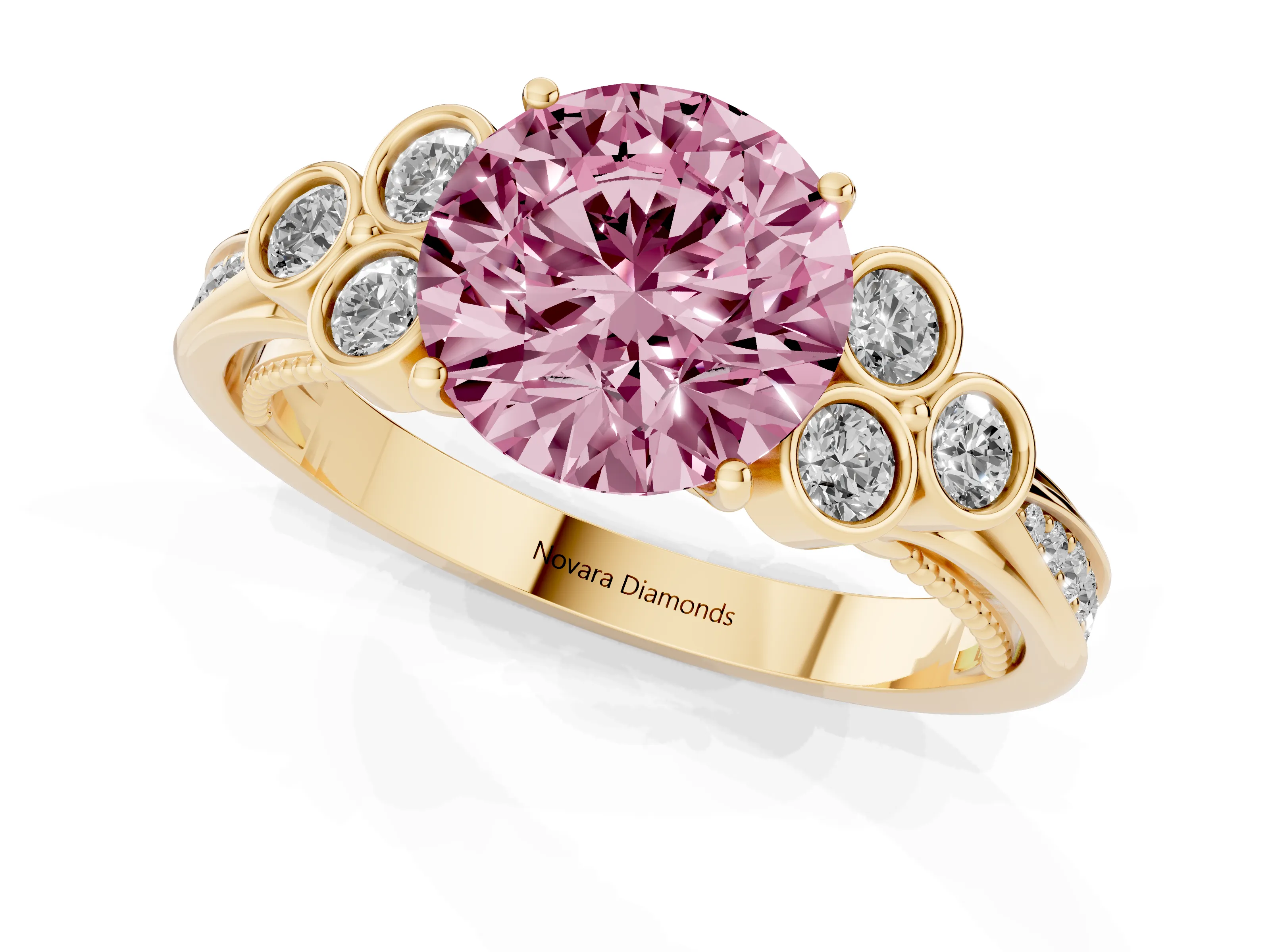 Fancy Pink Round Cut Diamond Engagement Ring Set in Yellow gold with Bezel Set Round Side Stones and Prong Setting