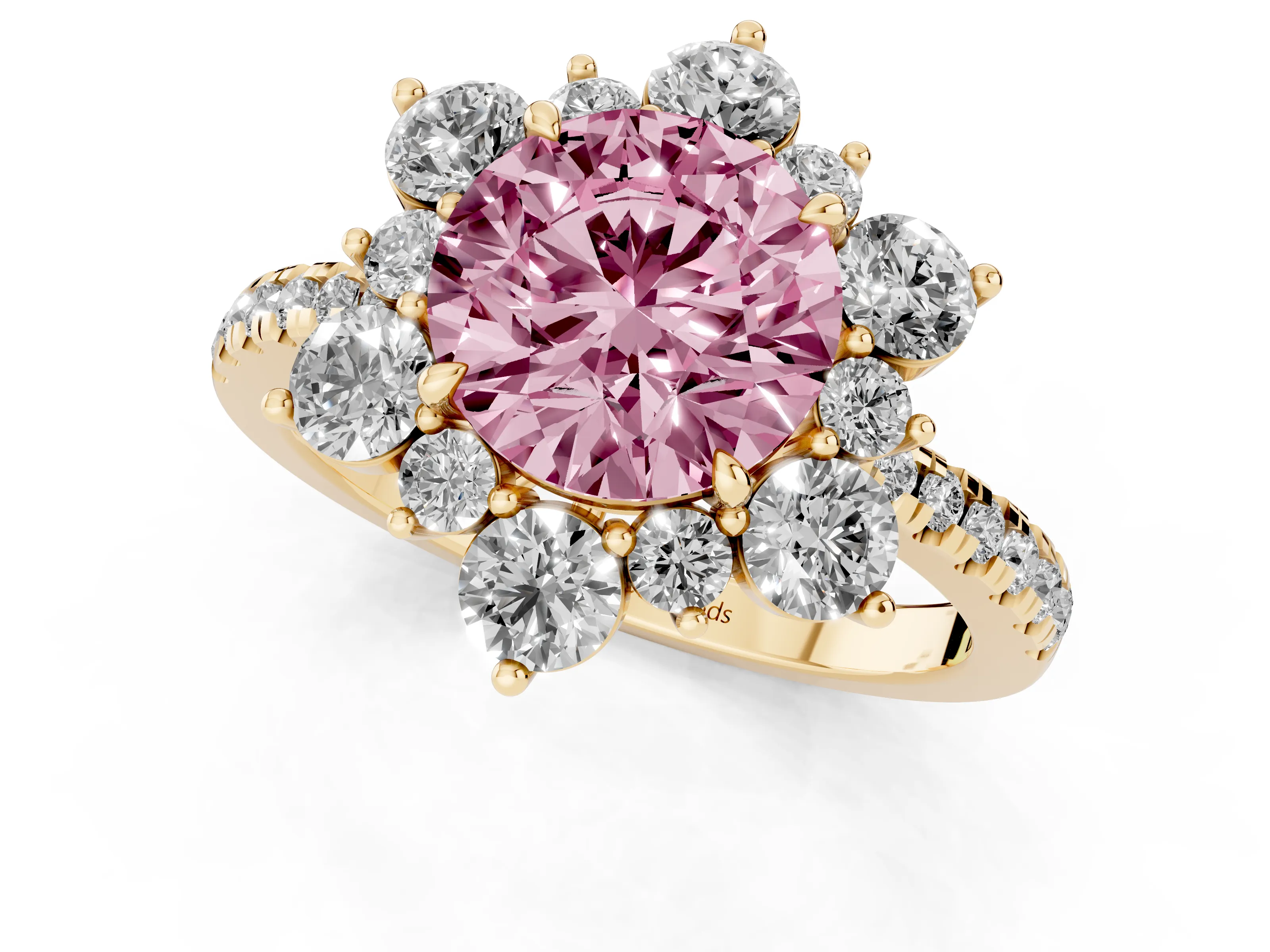 Fancy Pink Round Cut Diamond Floral Halo Ring Set in Yellow gold with Round Pavé Band and Prong Setting