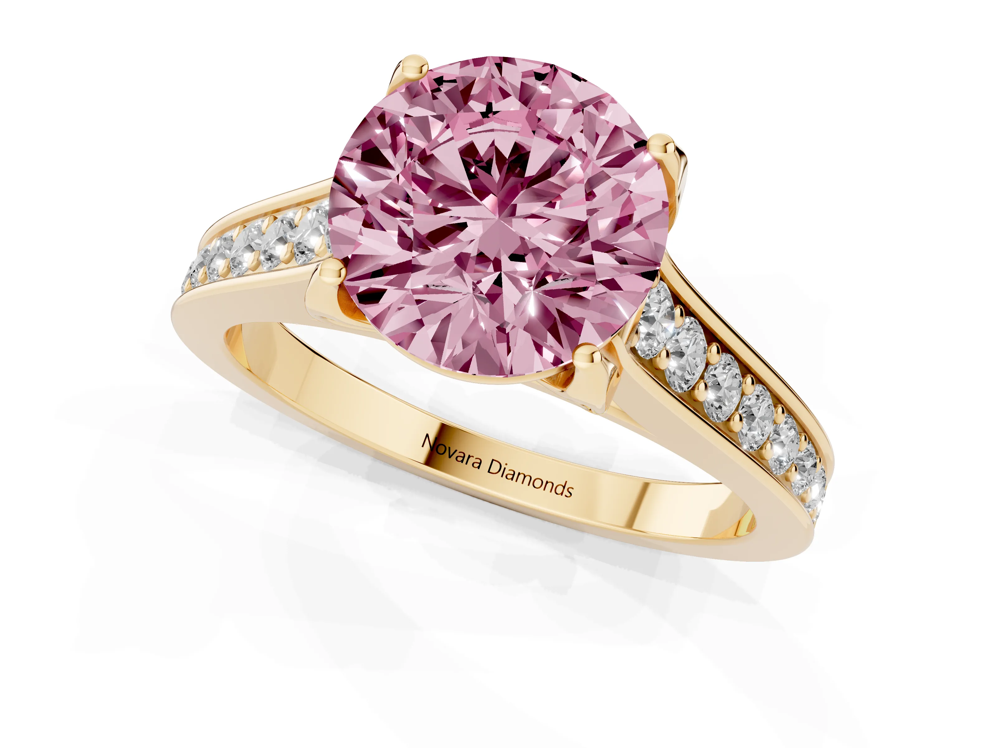 Fancy Pink Round Cut Diamond Solitaire Pavé Engagement Ring Set in Yellow gold with Prong Setting