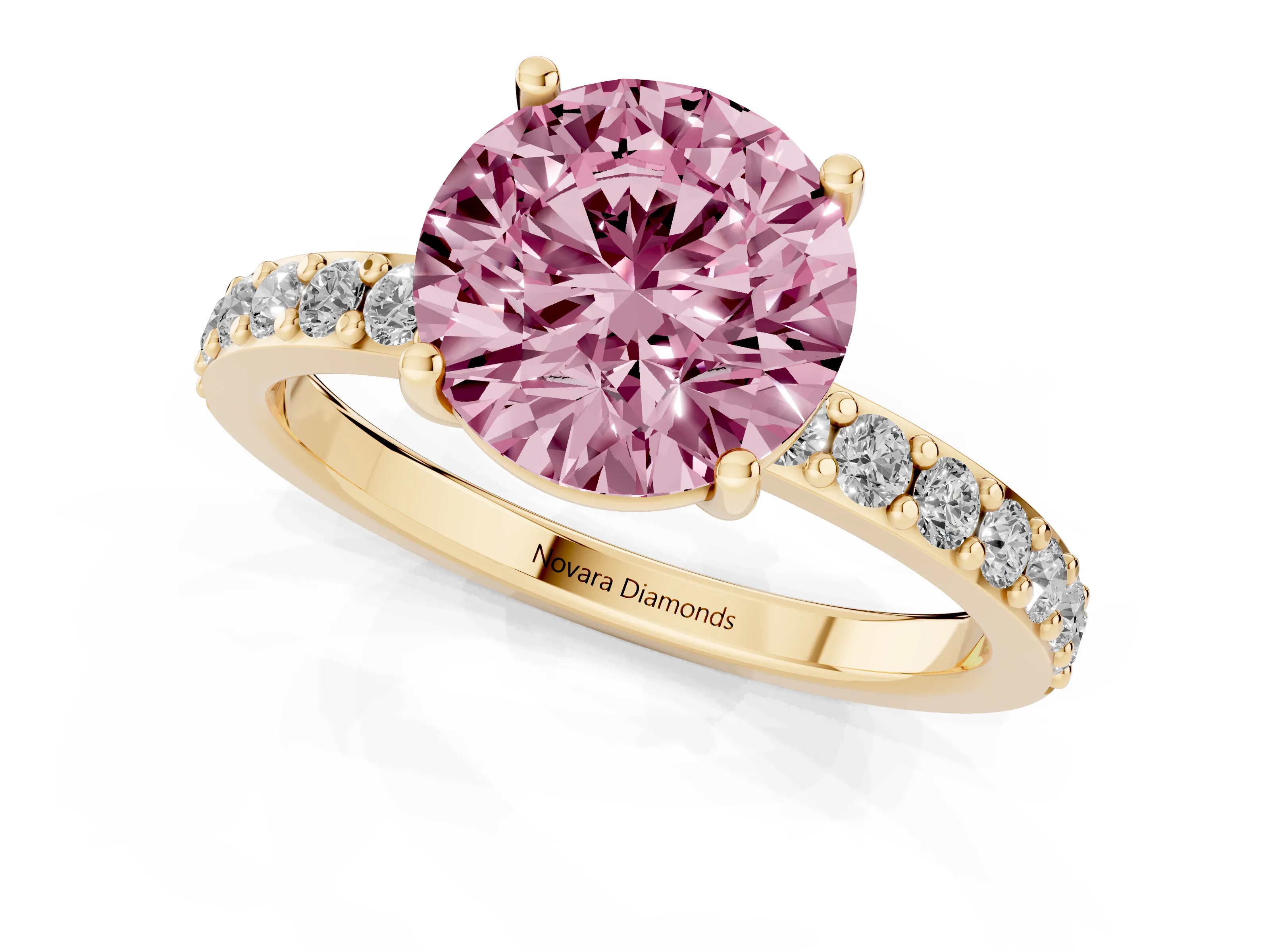 Fancy Pink Round Cut Diamond Solitaire Set in Yellow gold with Round Pavé Band and Prong Setting