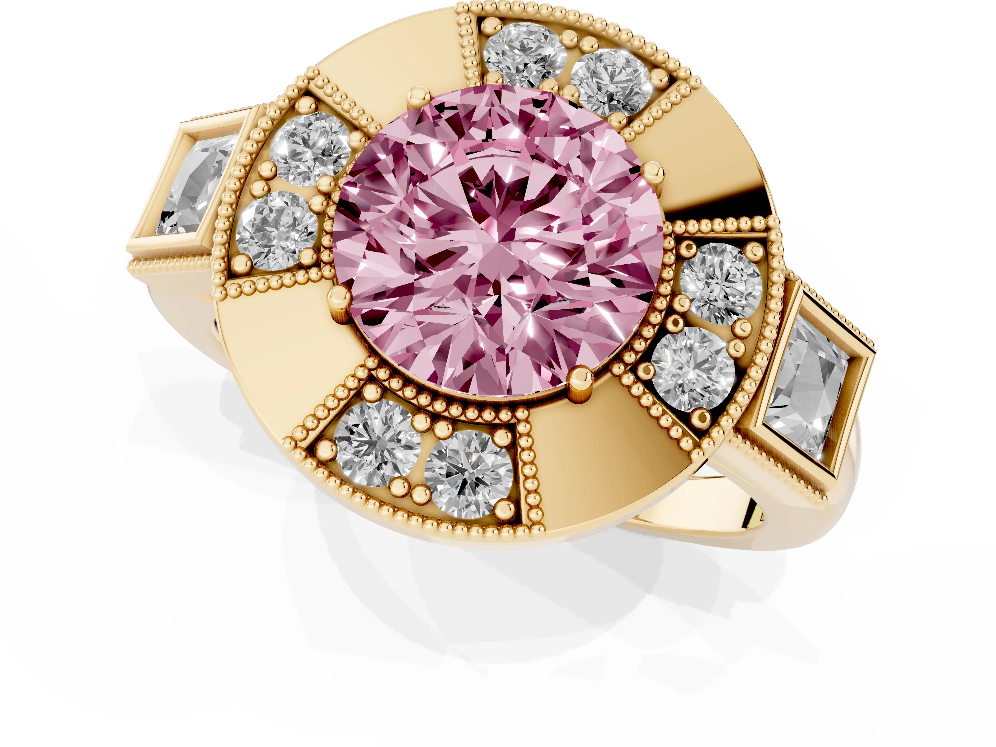 Fancy Pink Round Cut Diamond Milgrain Halo Ring Set in Yellow gold with Split Shank