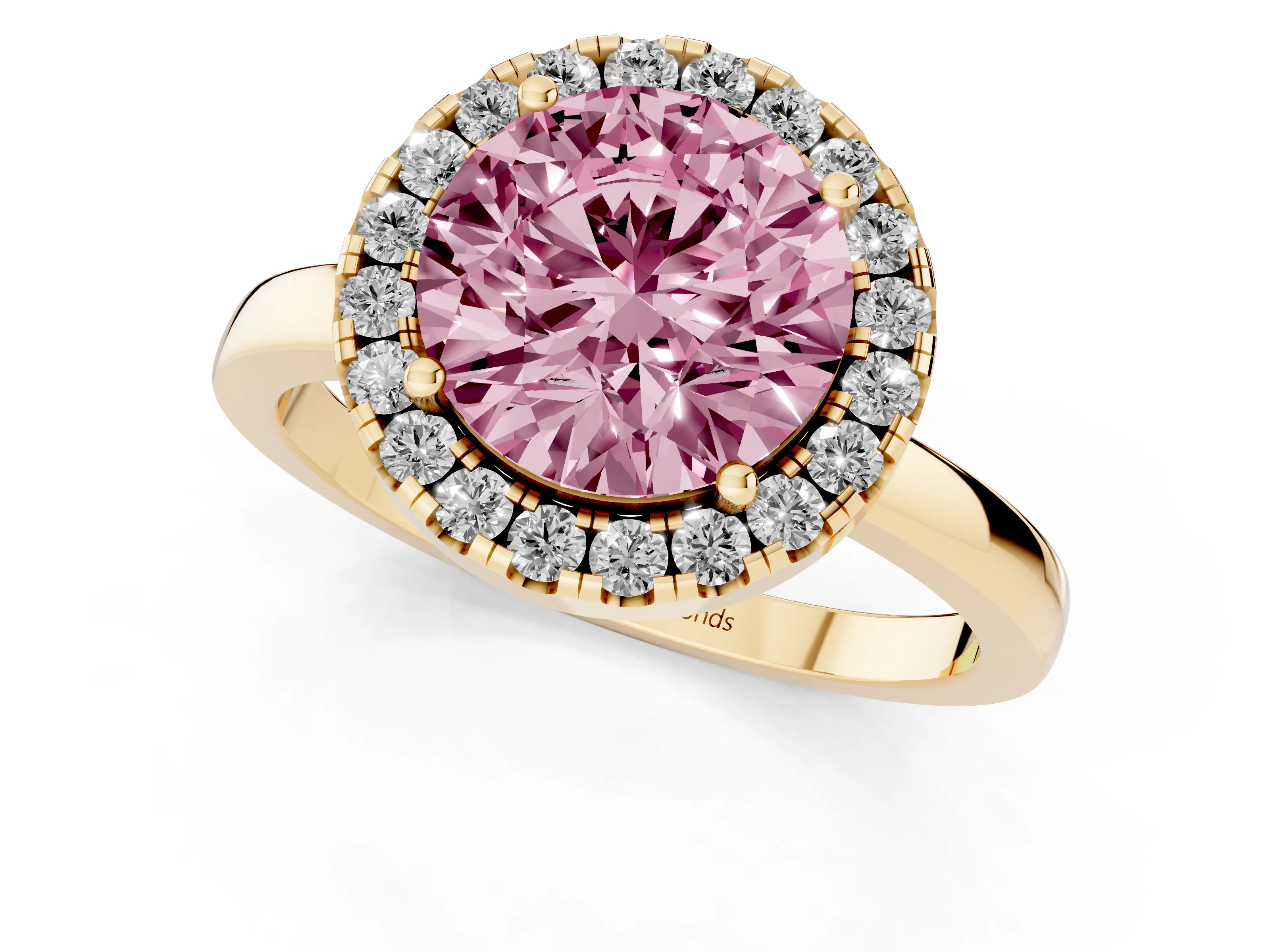Fancy Pink Round Cut Diamond Halo Solitaire Ring Set in Yellow gold with Pavé Band and Prong Setting
