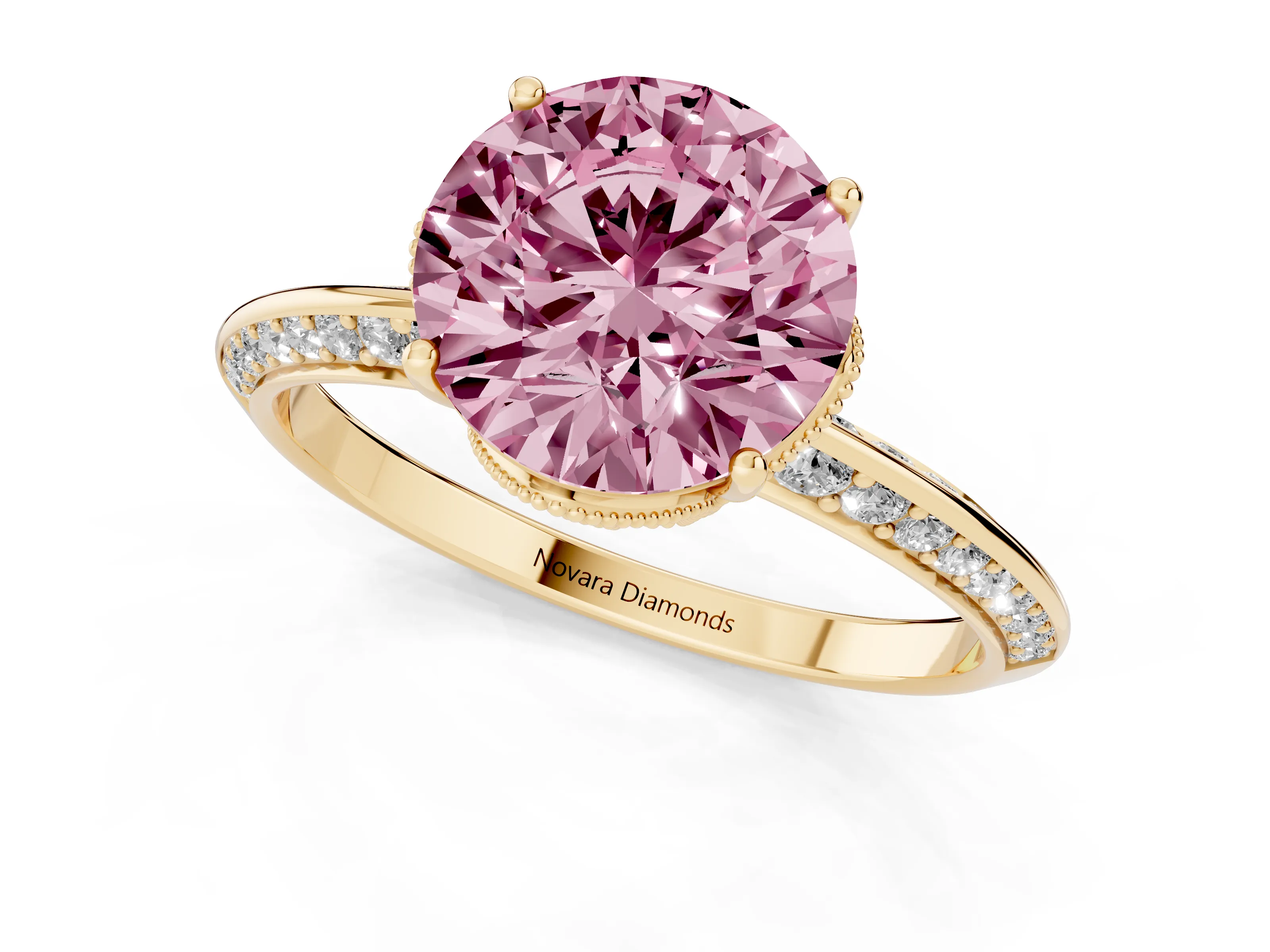 Fancy Pink Round Cut Diamond Solitaire Engagement Ring Set in Yellow gold with Pavé Split Shank and Prong Setting