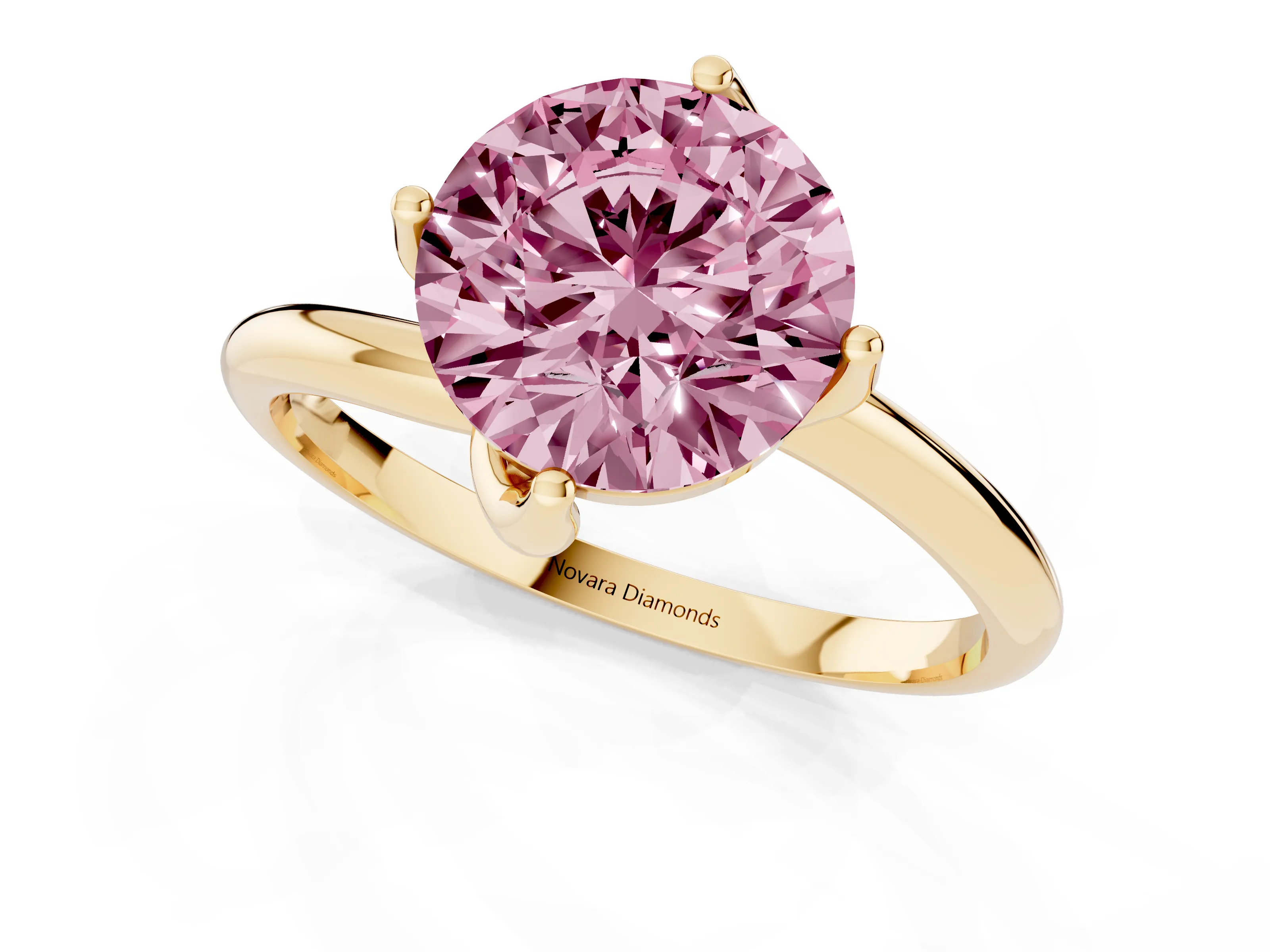 Fancy Pink Round Cut Diamond Solitaire Engagement Ring Set in Yellow gold with Classic Plain Band