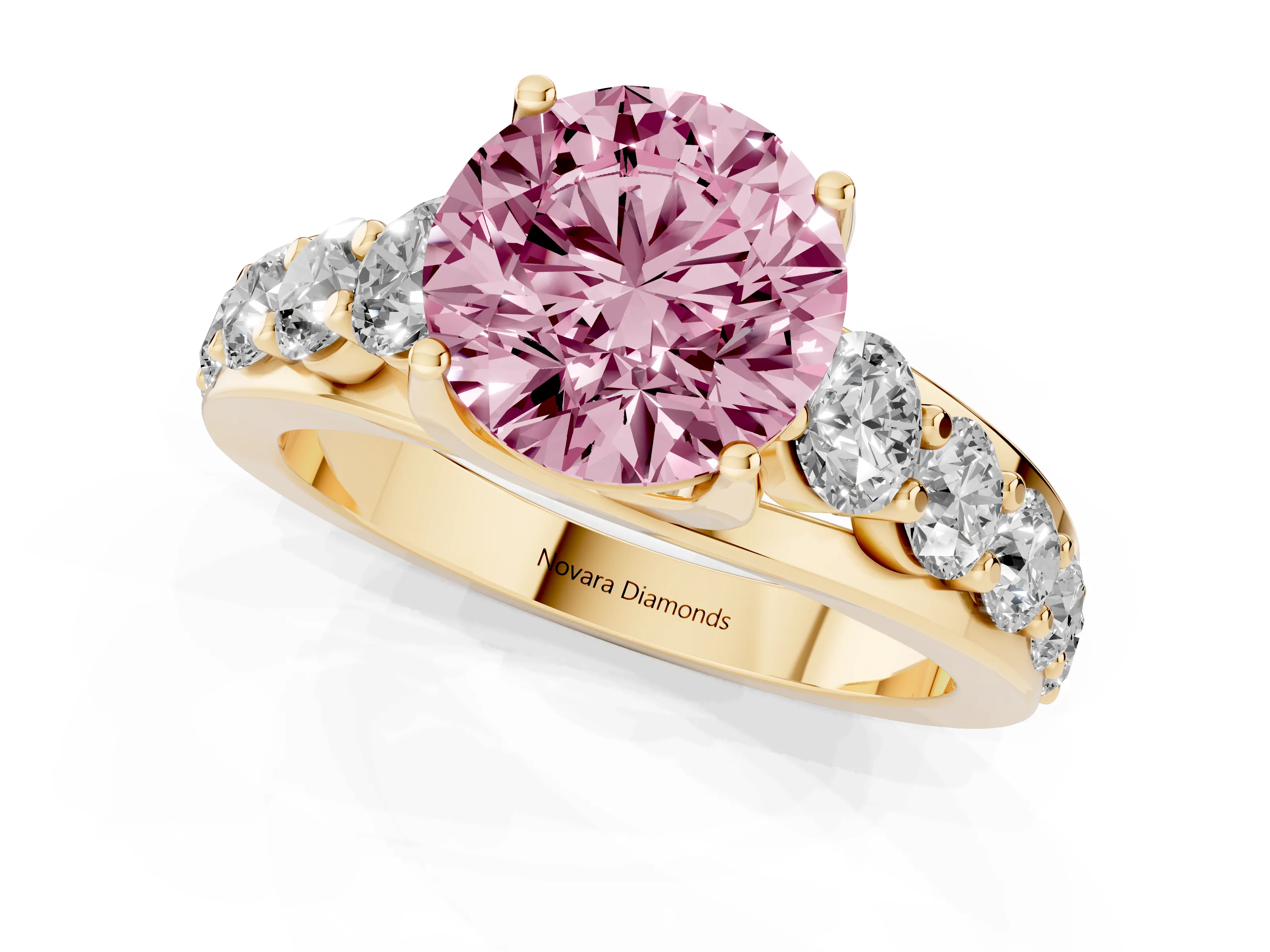 Fancy Pink Round Cut Diamond Pavé Engagement Ring Set in Yellow gold with Prong Setting