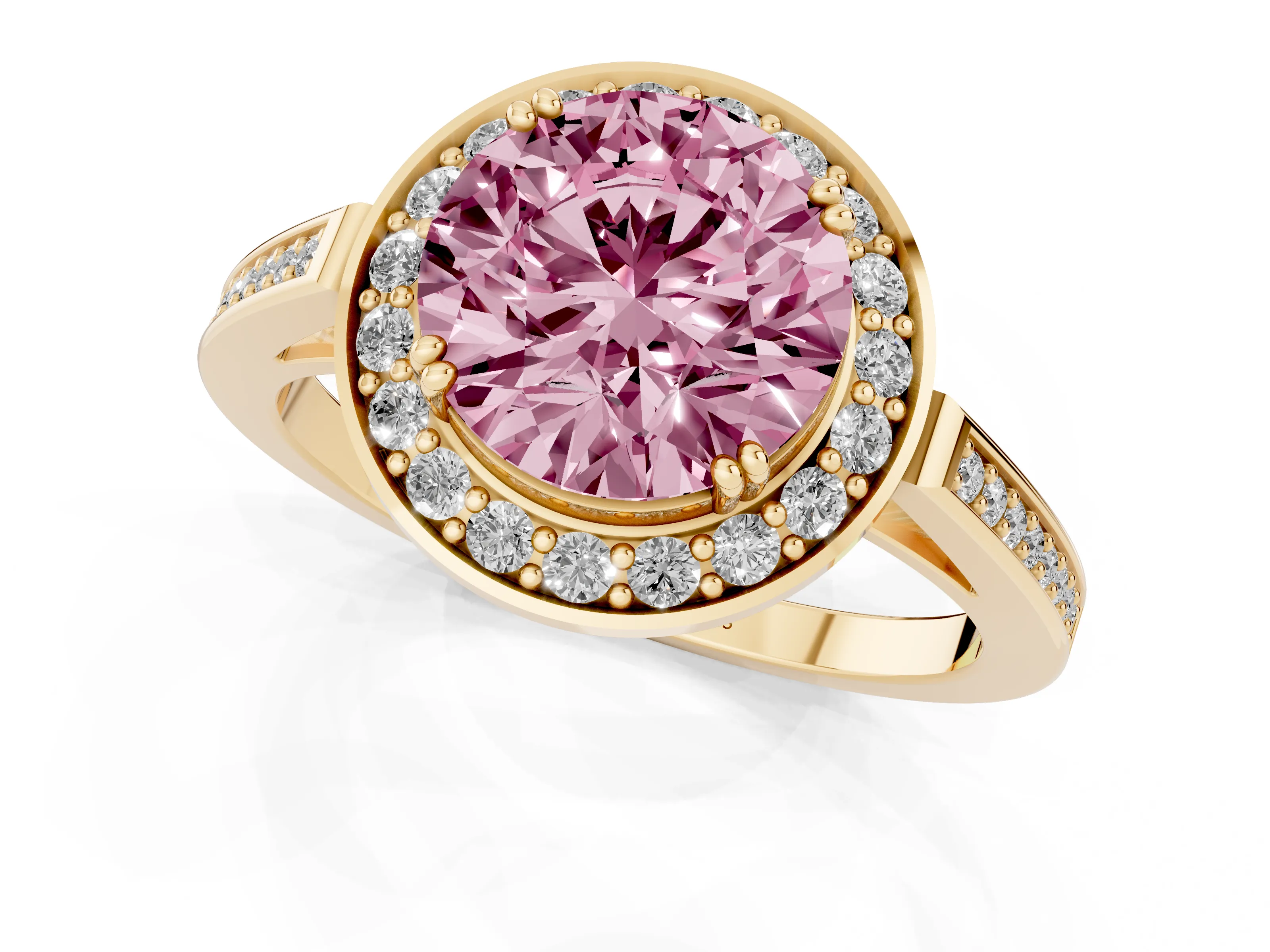 Fancy Pink Round Cut Diamond Halo Ring Set in Yellow gold with Accent-Lined Split Shank and Prong Setting