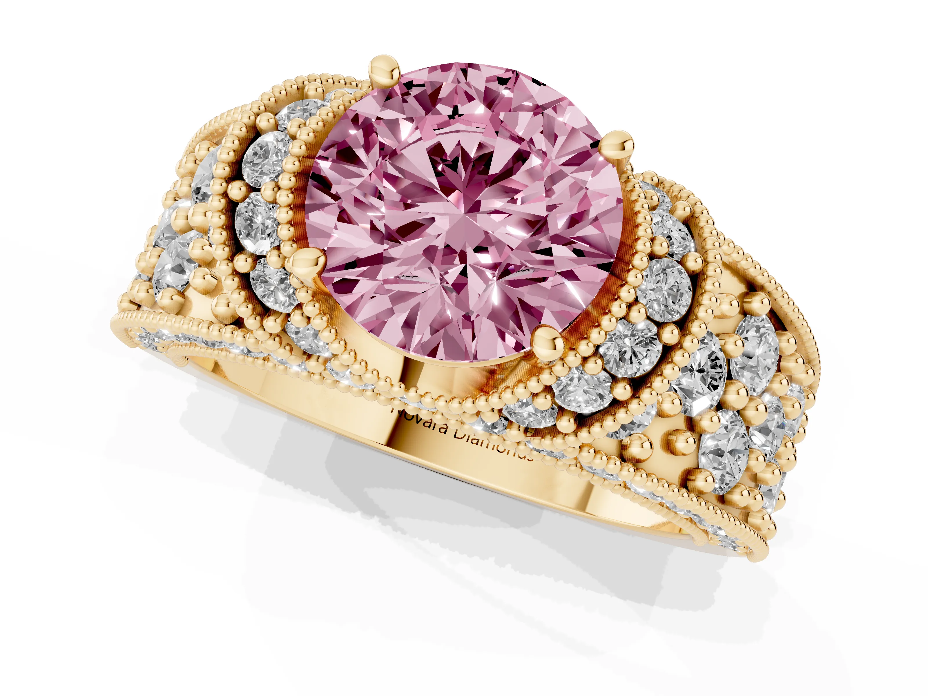 Fancy Pink Round Cut Diamond Milgrain Halo Pavé Engagement Ring Set in Yellow gold with Prong Setting
