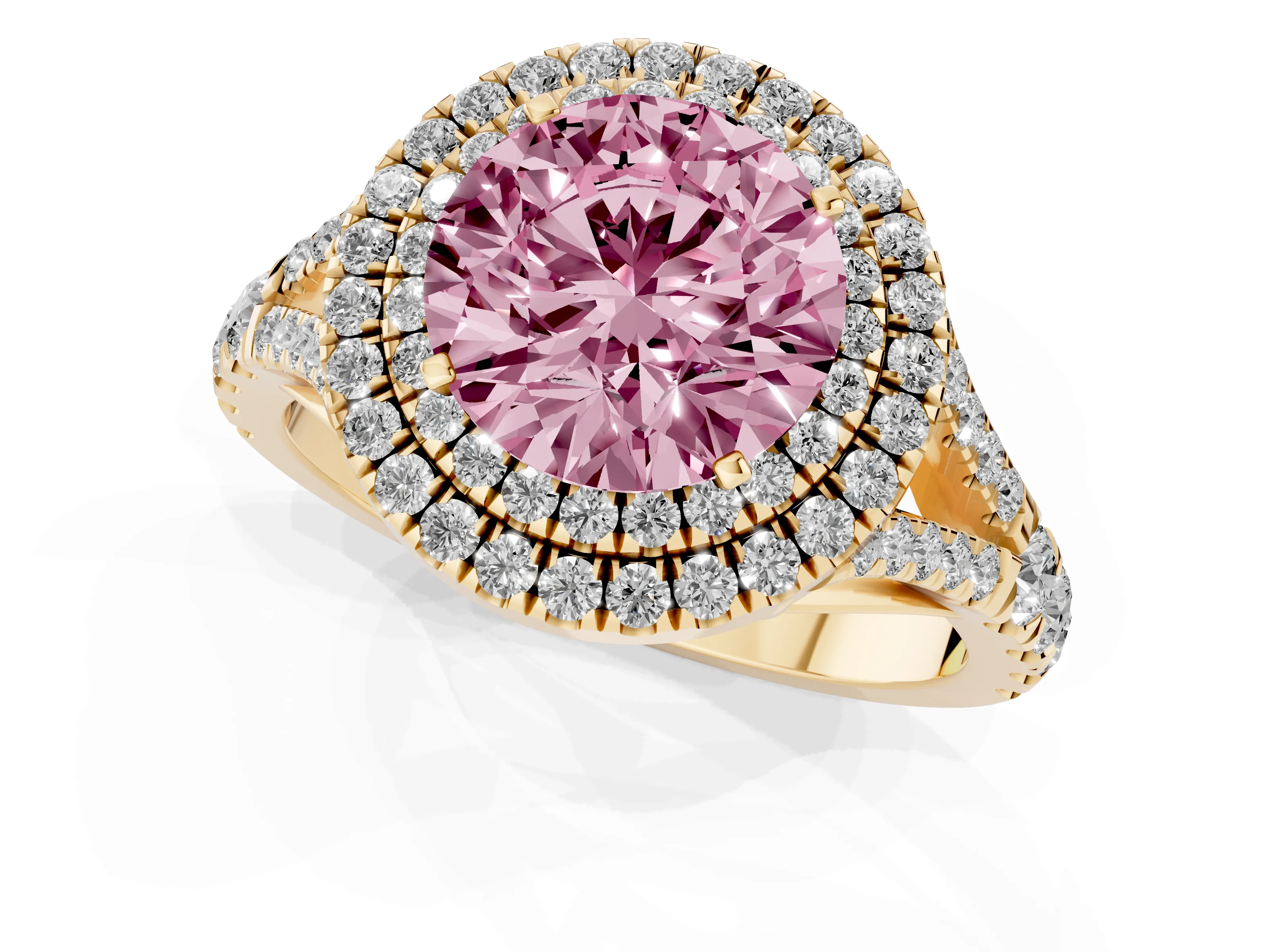 Fancy Pink Round Cut Diamond Pavé Split Shank Double Halo Engagement Ring Set in Yellow gold