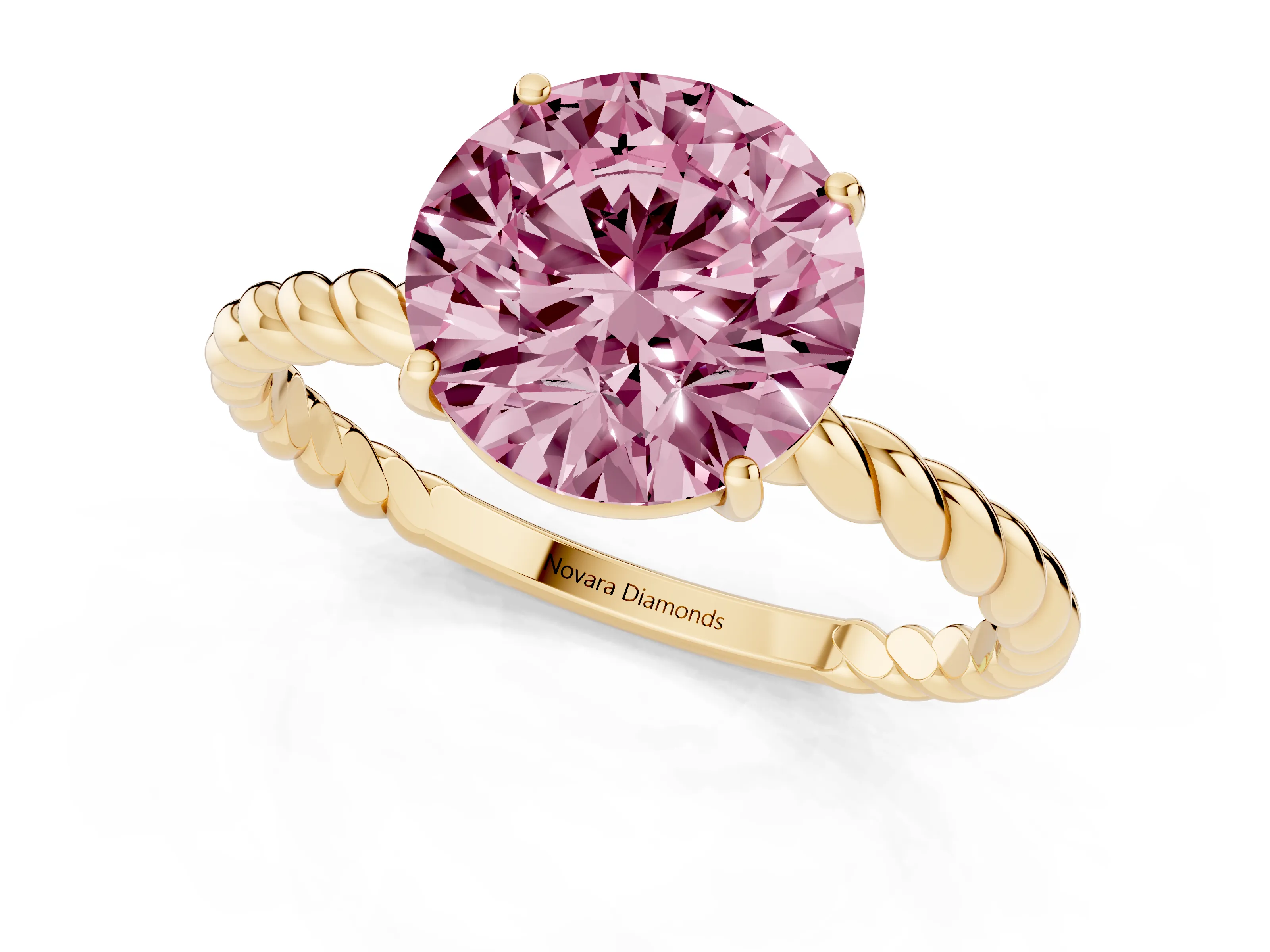 Fancy Pink Round Cut Diamond Solitaire Ring Set in Yellow gold with Twist Band and Prong Setting