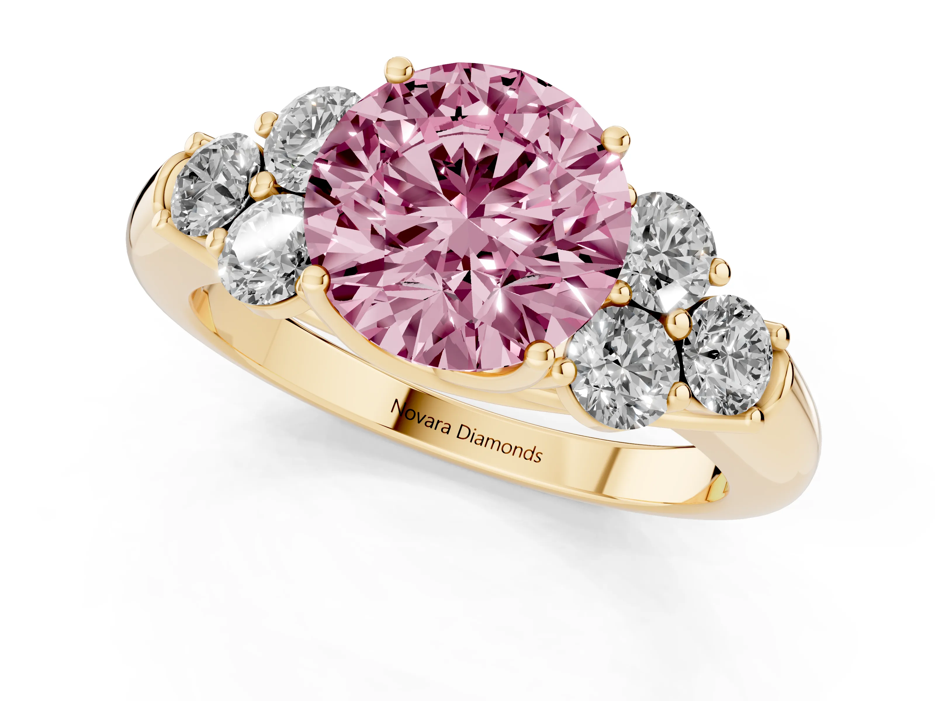 Fancy Pink Round Cut Diamond Cluster Ring Set in Yellow gold with Round Accent Stones and Prong Setting on a Plain Band