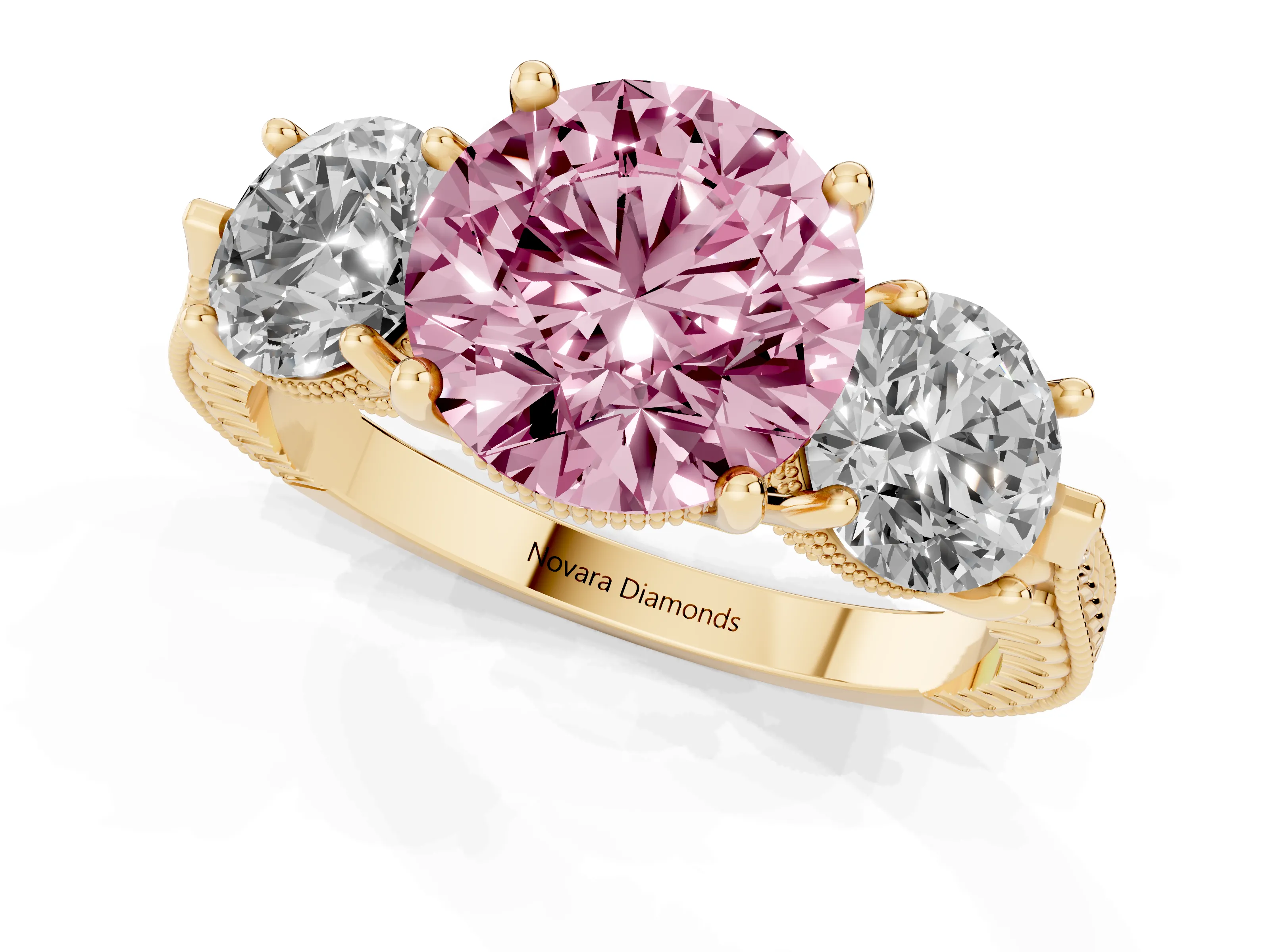 Fancy Pink Round Cut Diamond Three-Stone Ring Set in Yellow gold with Milgrain Band