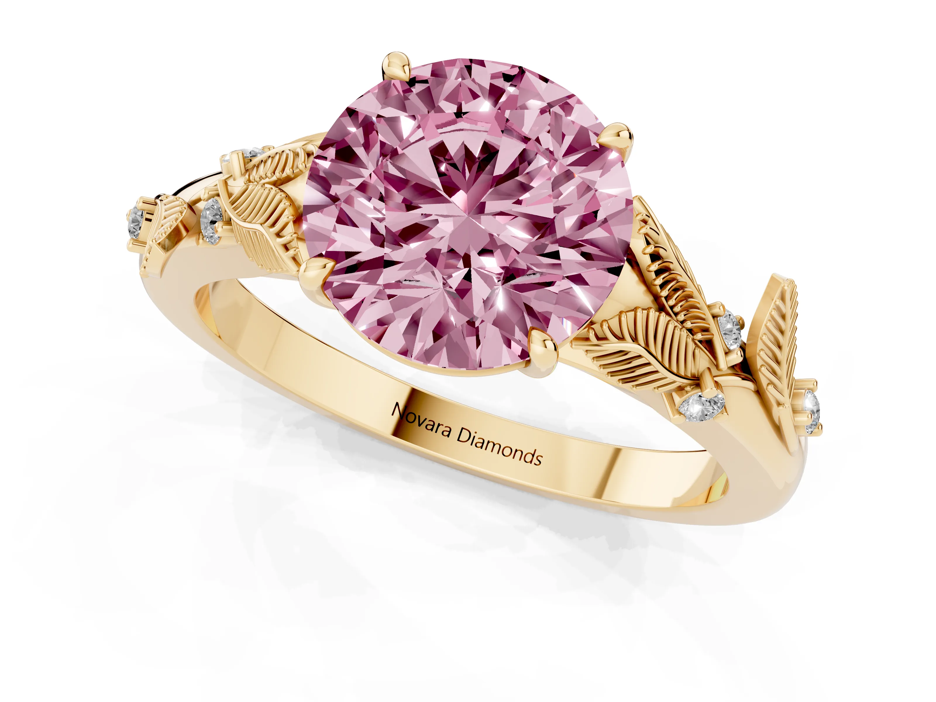 Fancy Pink Round Cut Diamond Solitaire Ring Set in Yellow gold with Leaf Motif Band