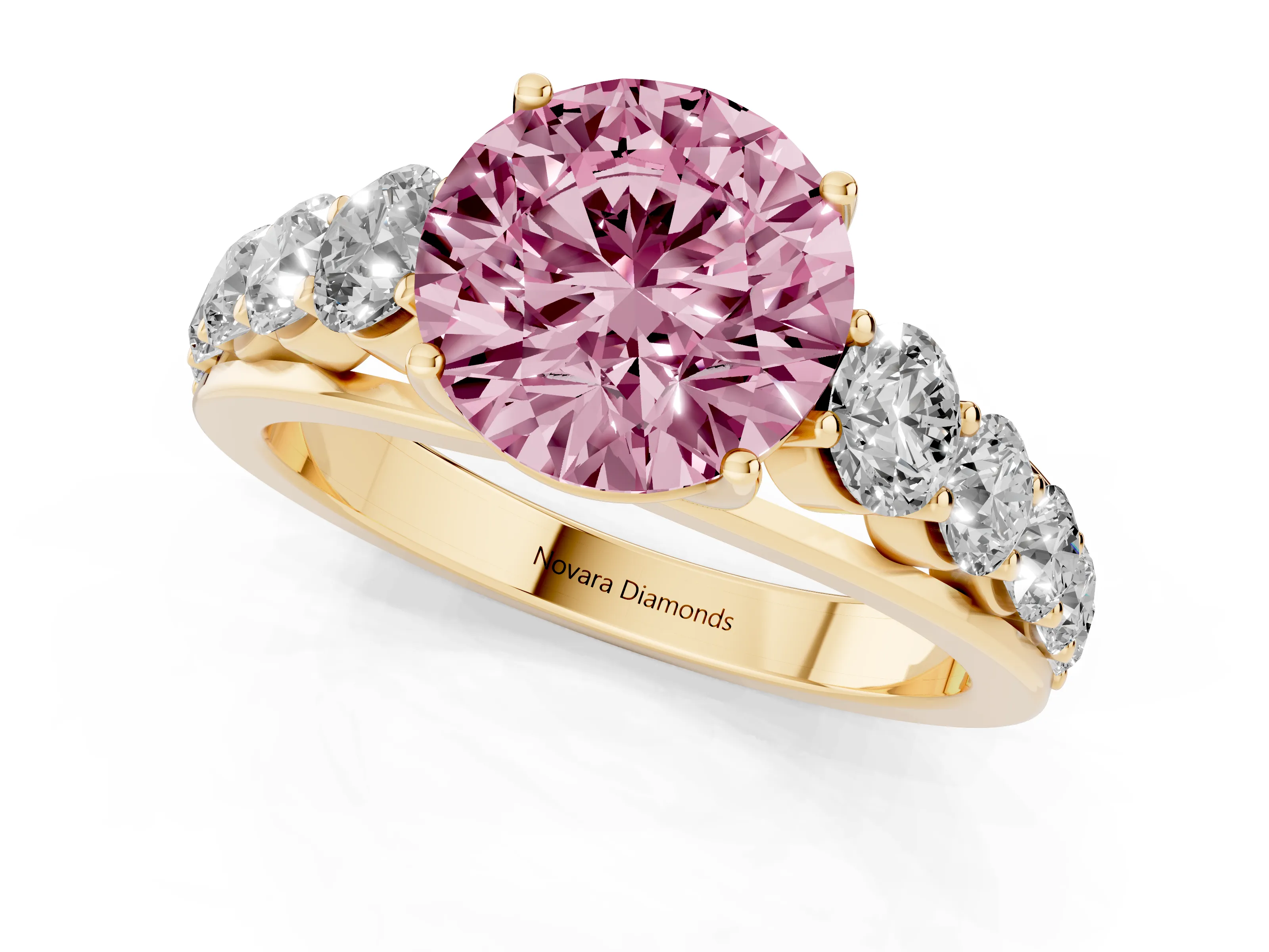 Fancy Pink Round Cut Diamond Solitaire Ring Set in Yellow gold with Pavé-Set Band and Prong Setting