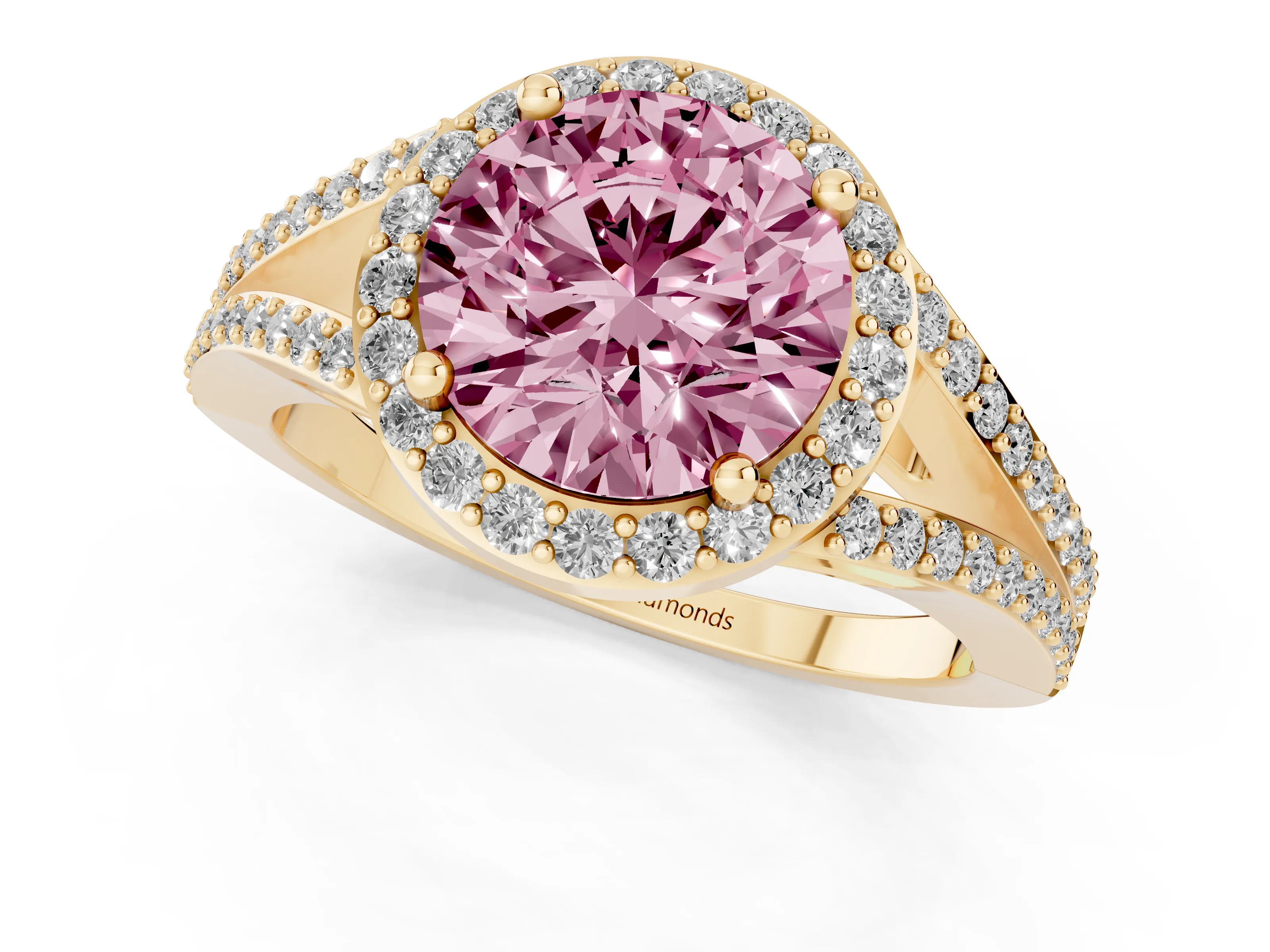 Fancy Pink Round Cut Diamond Halo Split Shank Pavé Ring Set in Yellow gold with Prong Setting