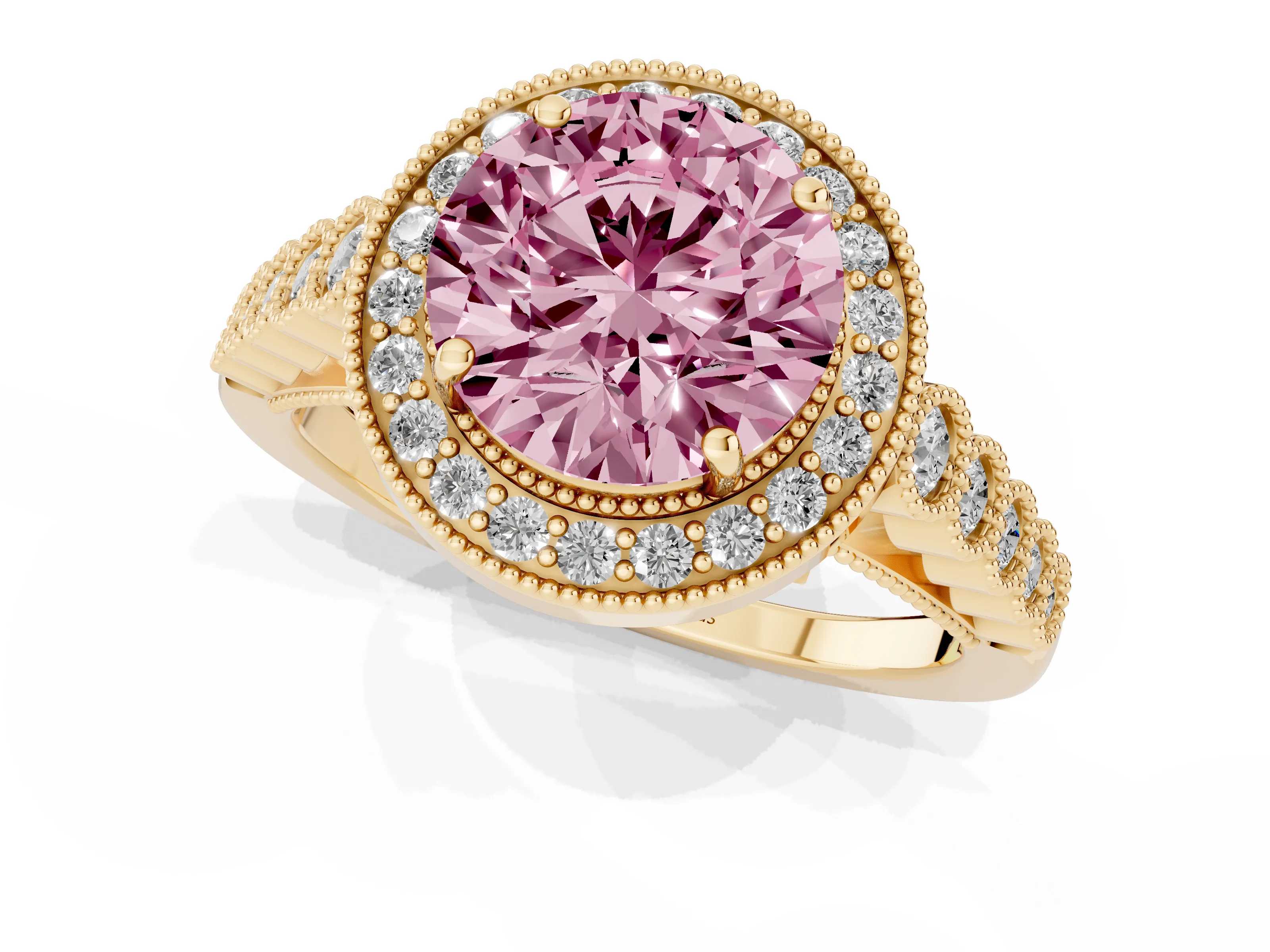 Fancy Pink Round Cut Diamond Milgrain Halo Solitaire Ring Set in Yellow gold with Bezel Set Side Stones and Pavé Band