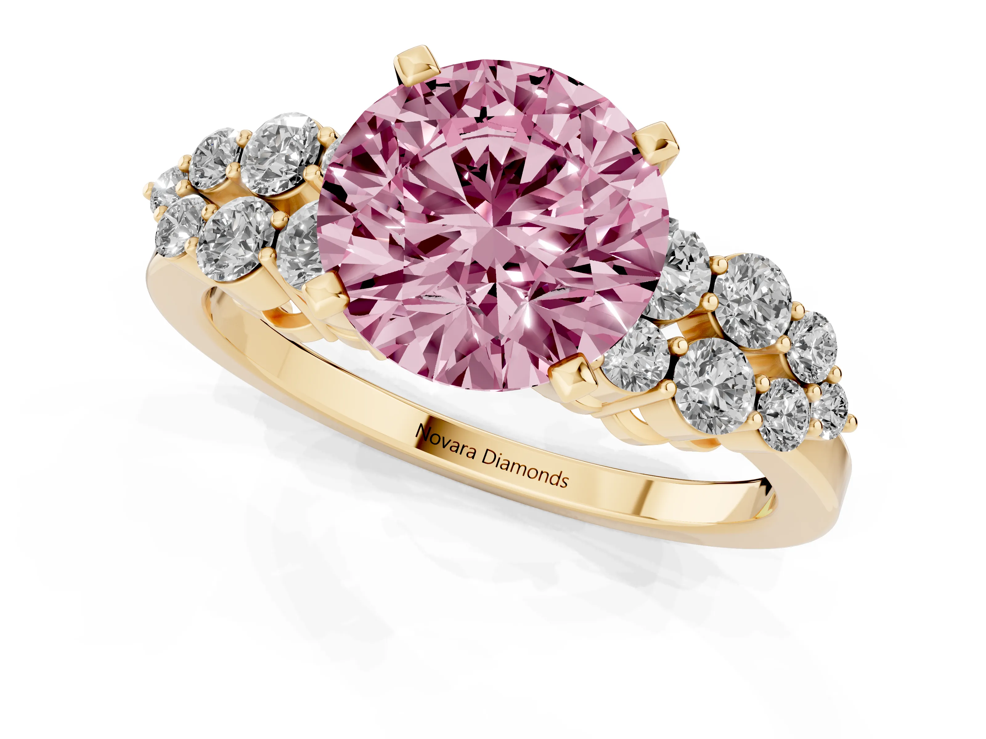 Fancy Pink Round Cut Diamond Cluster Engagement Ring Set in Yellow gold with Pavé Band and Prong Setting