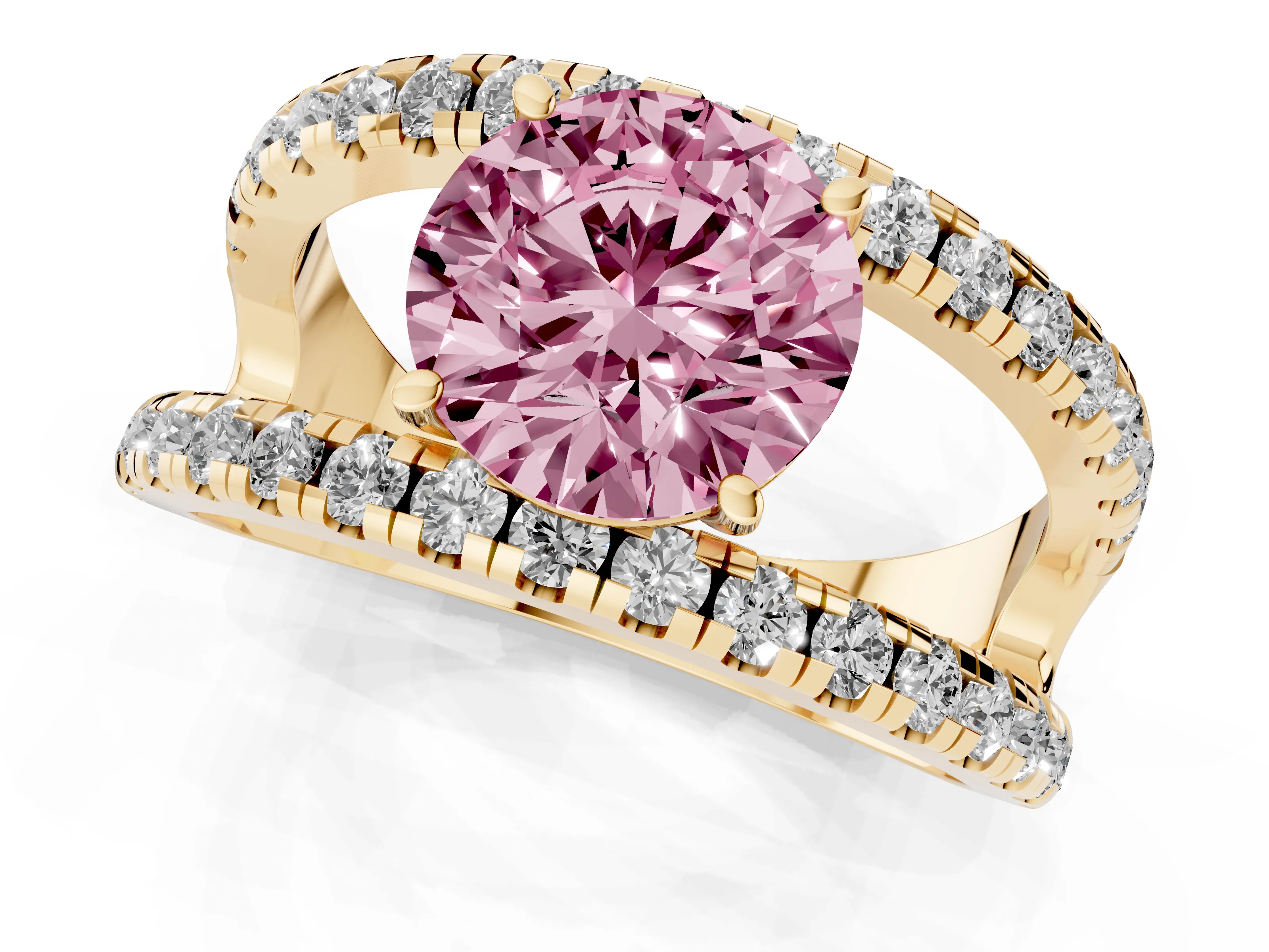Fancy Pink Round Cut Diamond Split Shank Pavé Solitaire Ring Set in Yellow gold with Open Shank Design