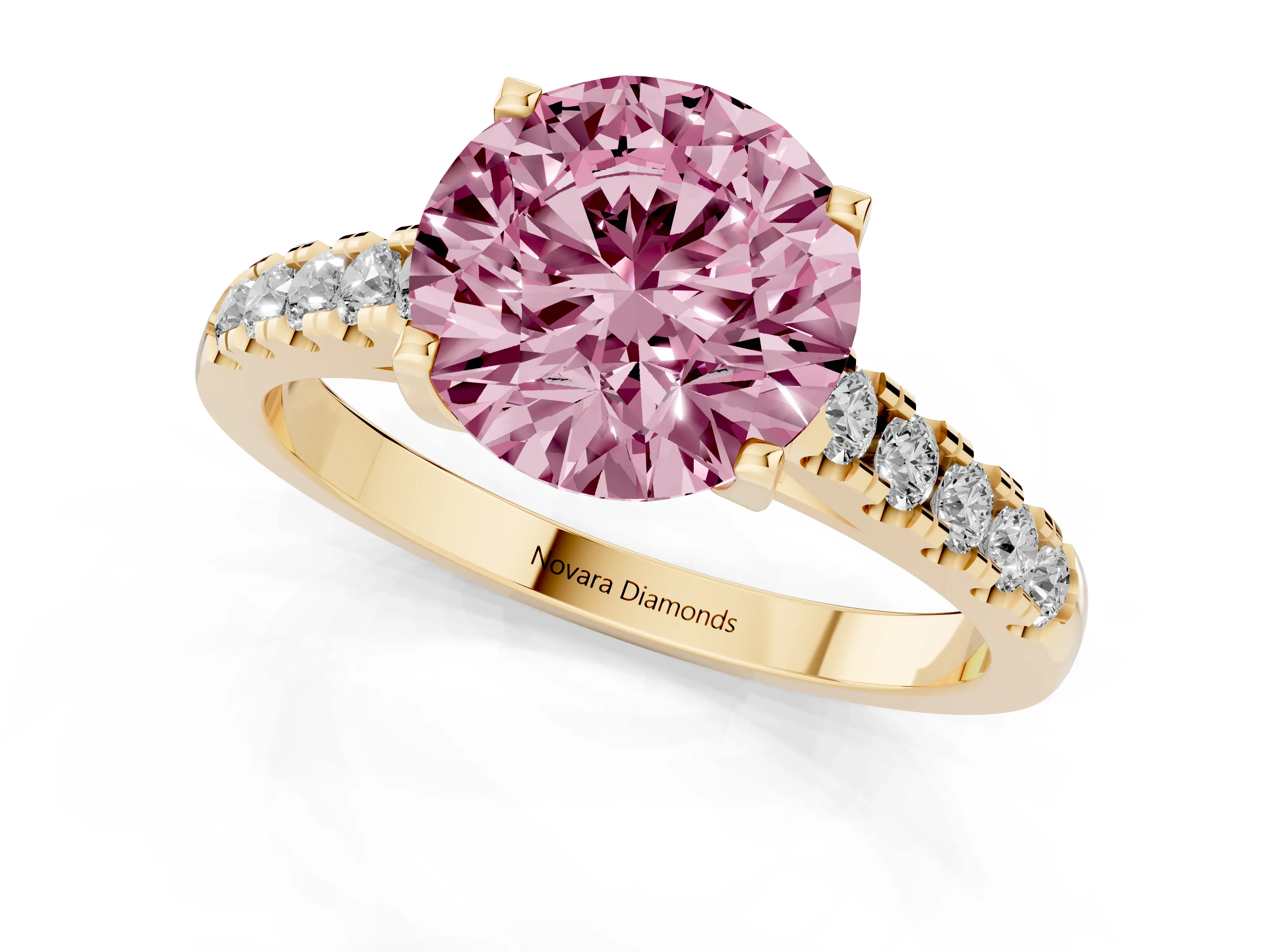 Fancy Pink Round Cut Diamond Pavé Band Solitaire Ring Set in Yellow gold with Partway Accent Stones and Prong Setting