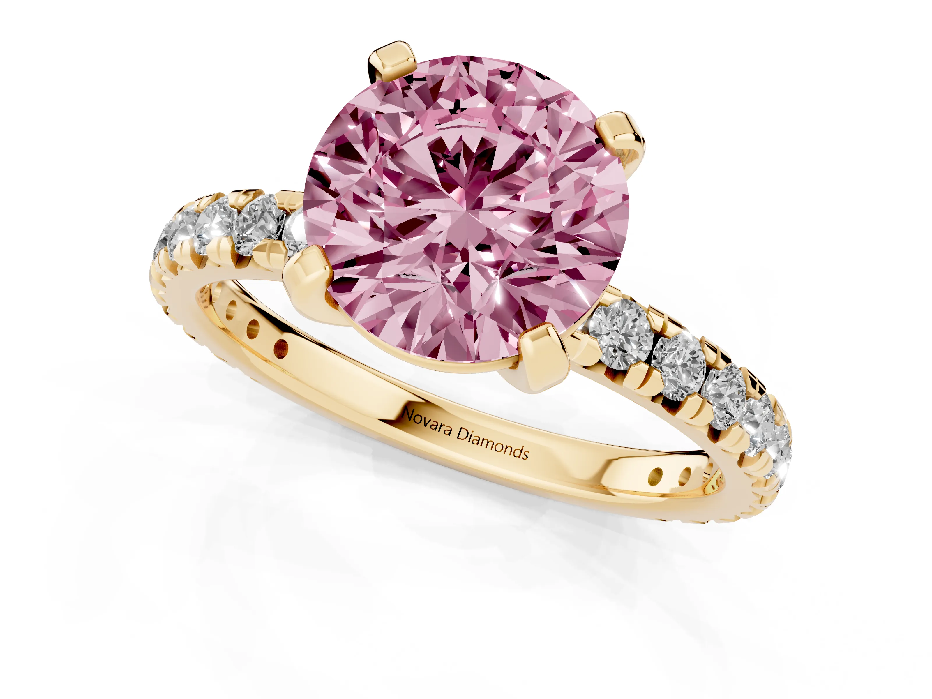 Fancy Pink Round Cut Diamond Pavé Solitaire Ring Set in Yellow gold with Round Band and Prong Setting