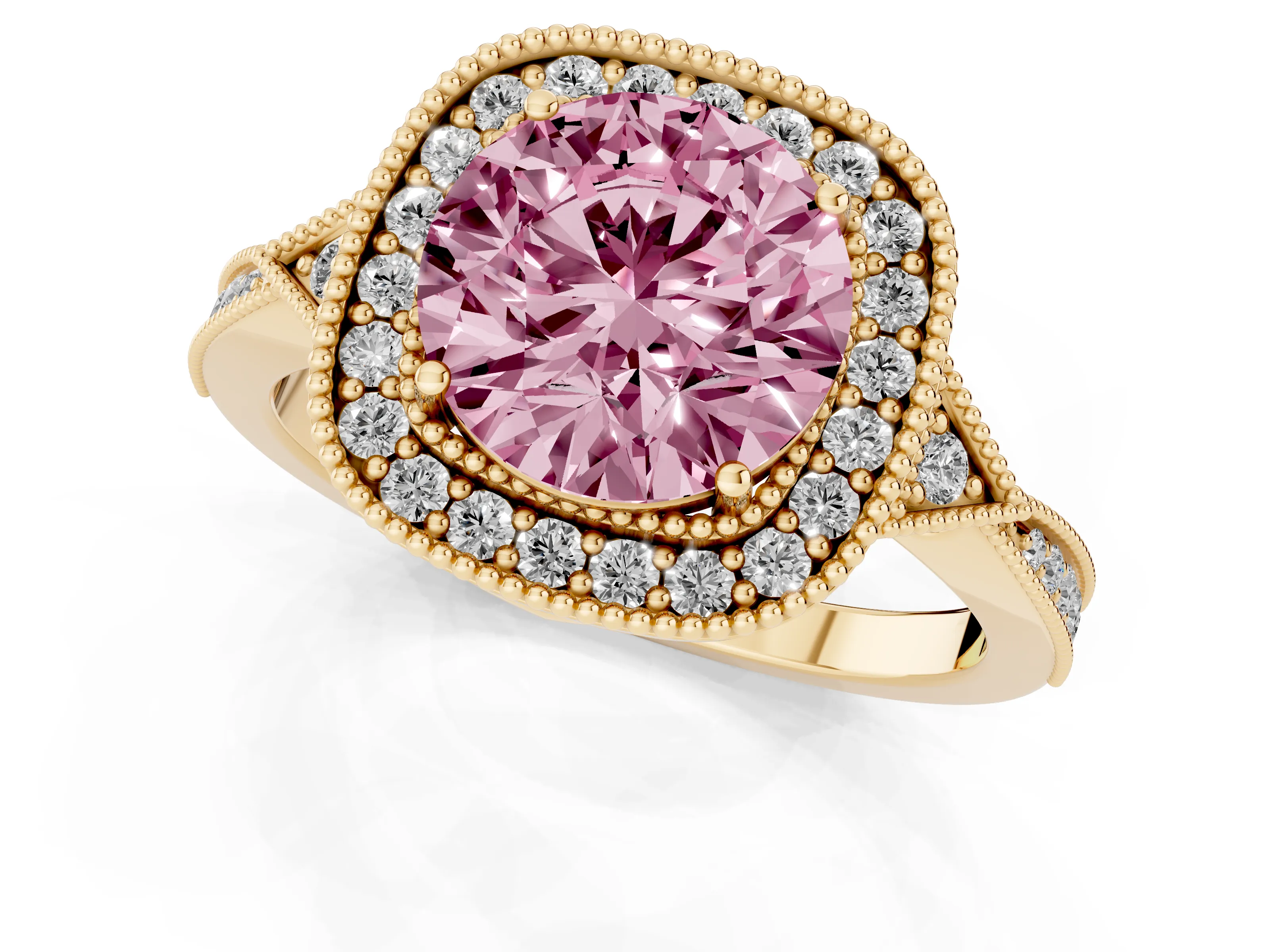 Fancy Pink Round Cut Diamond Halo Engagement Ring Set in Yellow gold with Milgrain Pavé Band